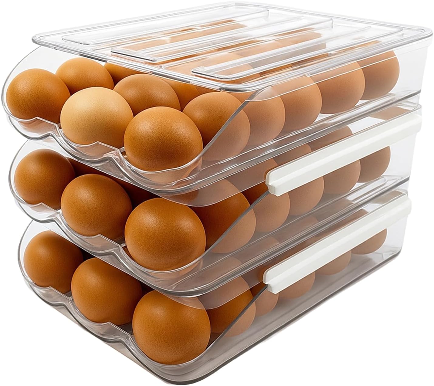 Egg Holder for Fridge, Kitchen containers Automatic Rolling Organizer for Refrigerator with Clear Lid, Large Capacity Egg Tray and Space-Saving Egg Organizer for Fridge Storage（Triple layer)