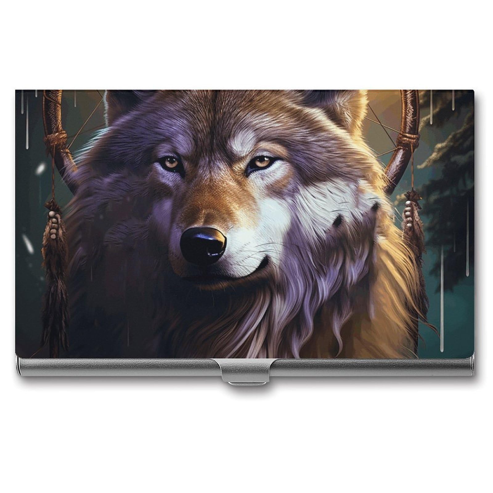 BTCOWZRV Wolves And Dream Catchers Business Card Holder Metal Slim Business Card Case, Pocket Card Holder for Men Women Purse Name Card Holder Stainless Steel Wallet Credit ID Case for Office