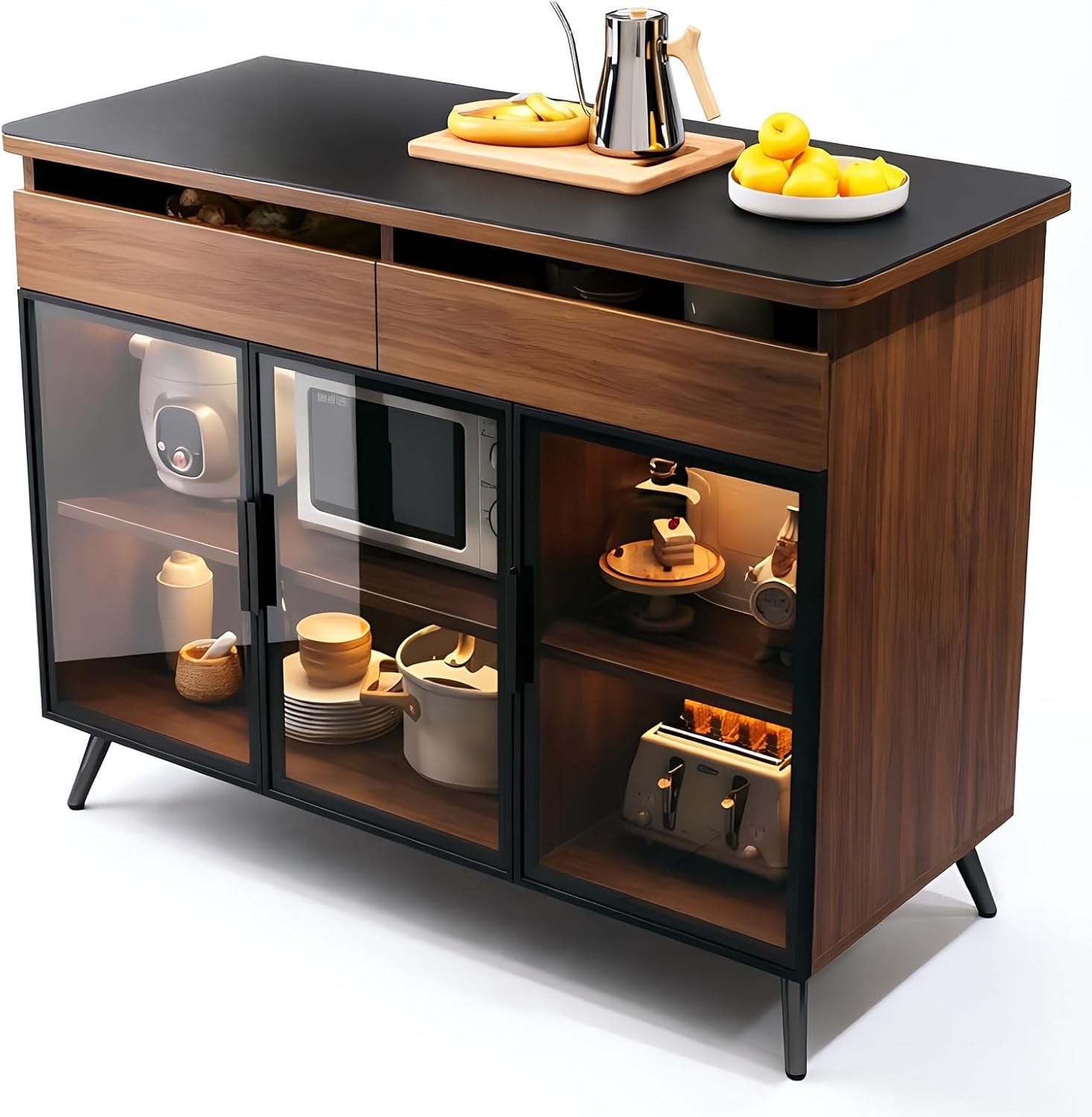 Storage Trolley Kitchen Island Storage Buffet Cabinet Tempered Glass Doors & Sintered Stone Top Shelving Organizer(Brown,Medium)