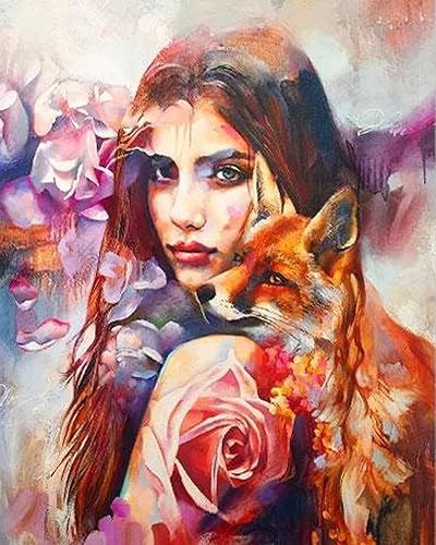 TISHIRON Kit de pintura por números, hermosas mujeres y zorro para adultos, kits de pintura por números sobre lienzo, pintura al óleo por números