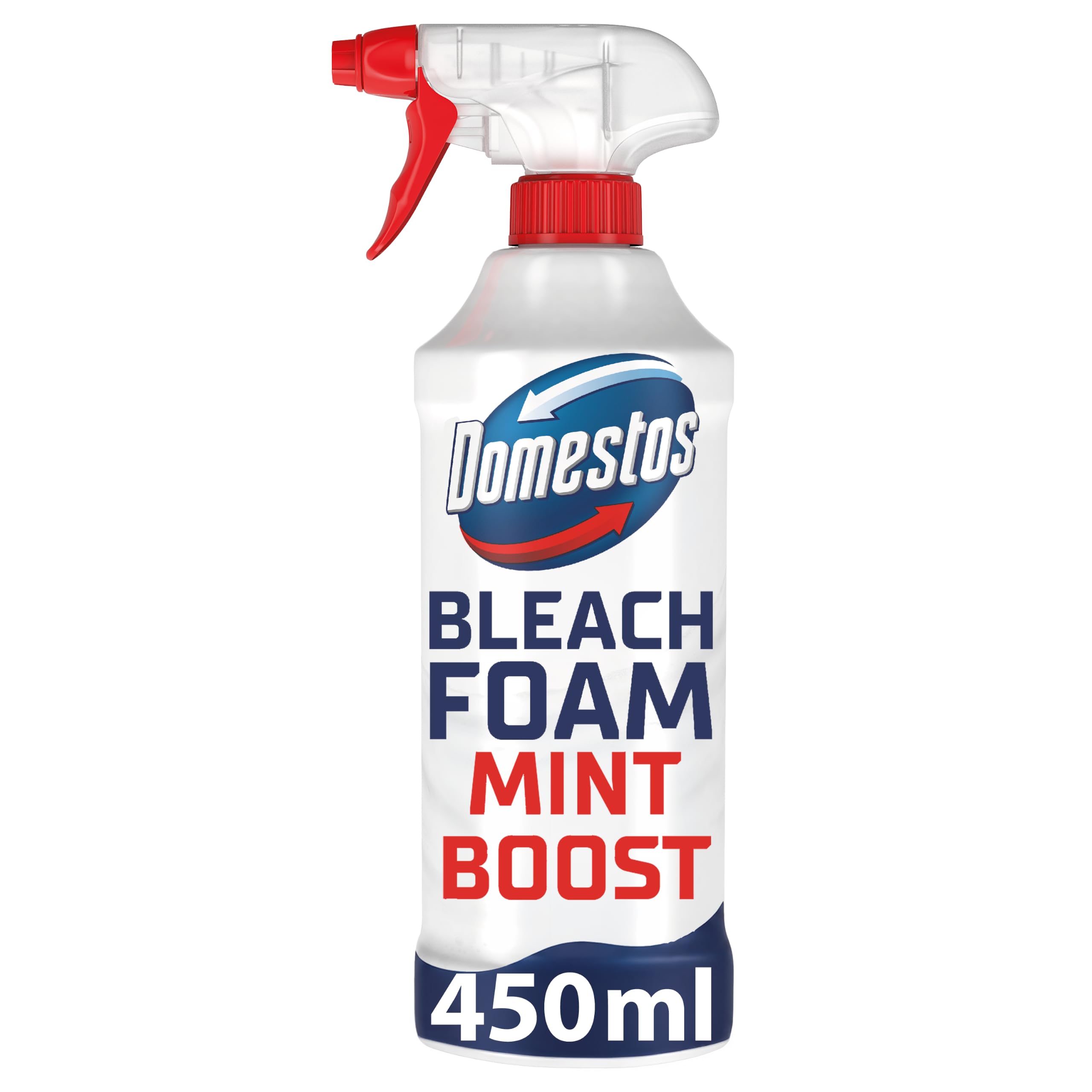 Domestos Mint Boost Bleach Foam sprays upside down for a sparkling clean even in the hardest-to-reach places 450 ml