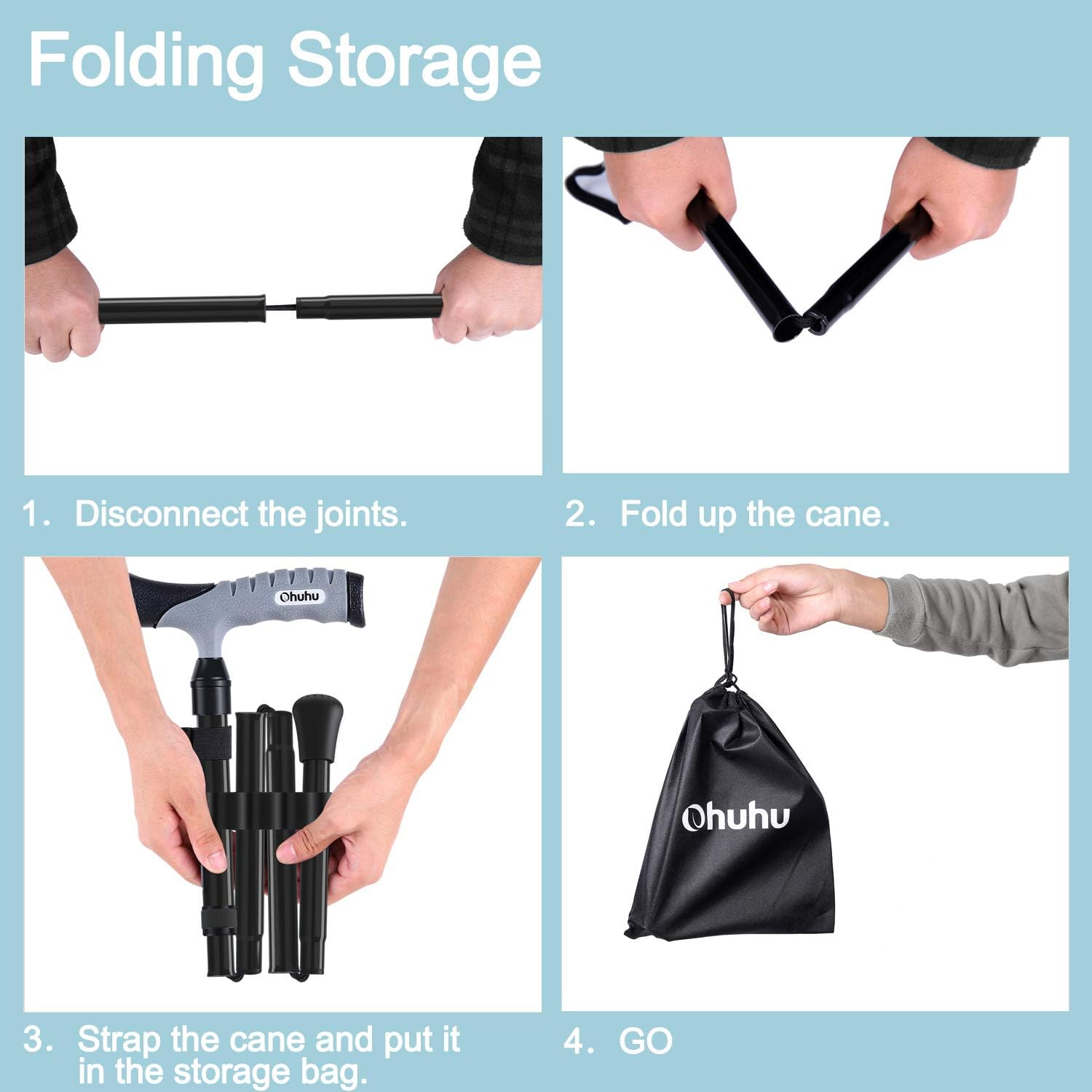 Folding Cane, Ohuhu Adjustable Foldable Walking Cane for Men, Women with 5 Adjustable Heights, Collapsible, Lightweight, Balancing Mobility Aid, Portable Hand Cane Walking Stick for Father Mother Gift