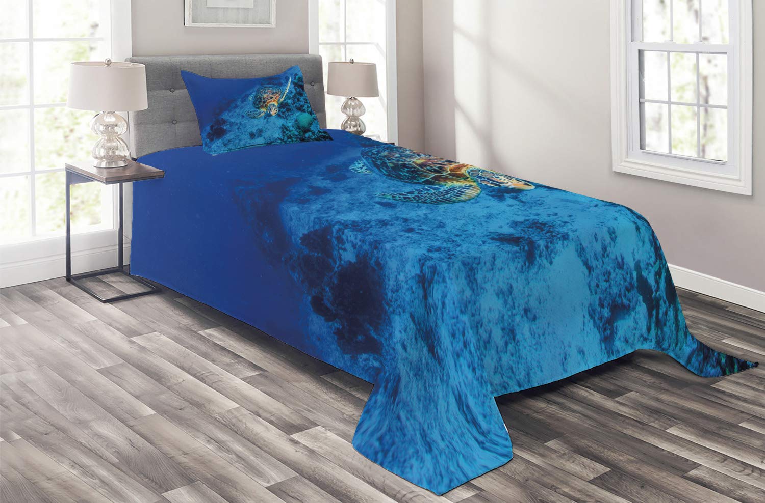 Ambesonne Turtle Coverlet, An Oceanic Wildlife Theme Photo of Sea Turtle in the Deep Blue Water with Coral Reef Hawaiian, 2 Piece Decorative Quilted Bedspread Set with 1 Pillow Sham, Twin Size, Orange
