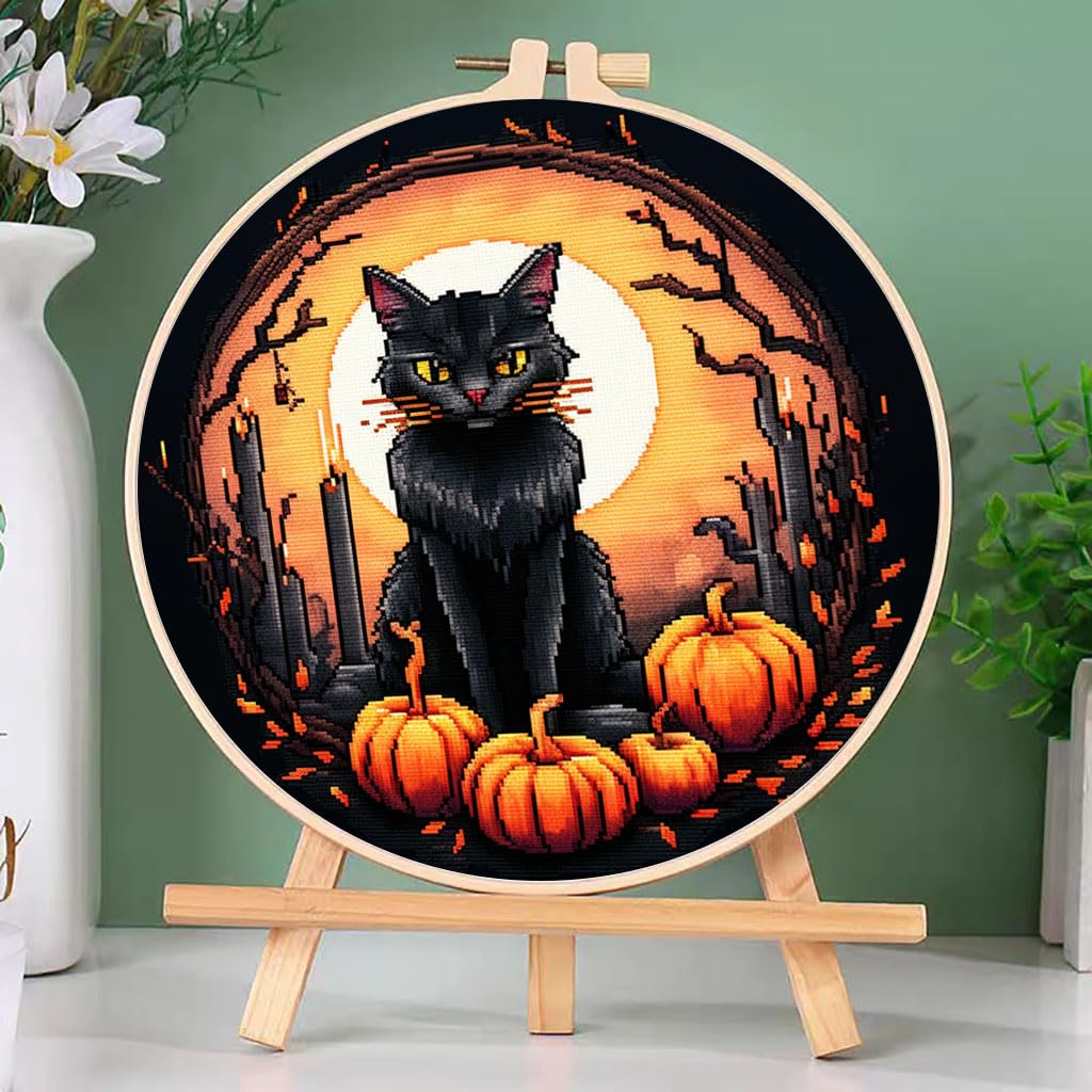DIY Cross Stitch Kits Black Cat Halloween Easy for Beginners with Hoop 11CT Needlepoint Embroidery Counted Stamped Cross Stitch Set Craft Wall Decor 20x20cm(2)