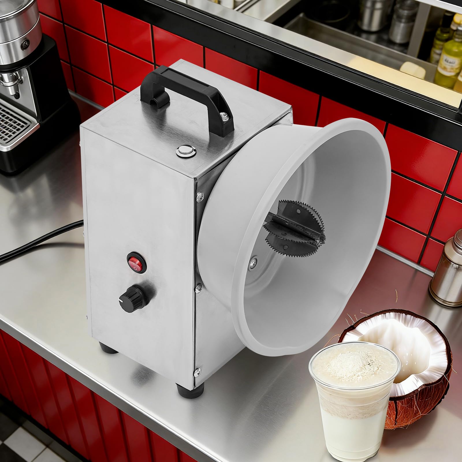 Kokosnuss Schaber Elektrisch 150W,Edelstahl Kokosnuss Reibe Maschine mit einstellbarer Geschwindigkeit Coconut Scraper für Küche Gastronomie Verarbeitung
