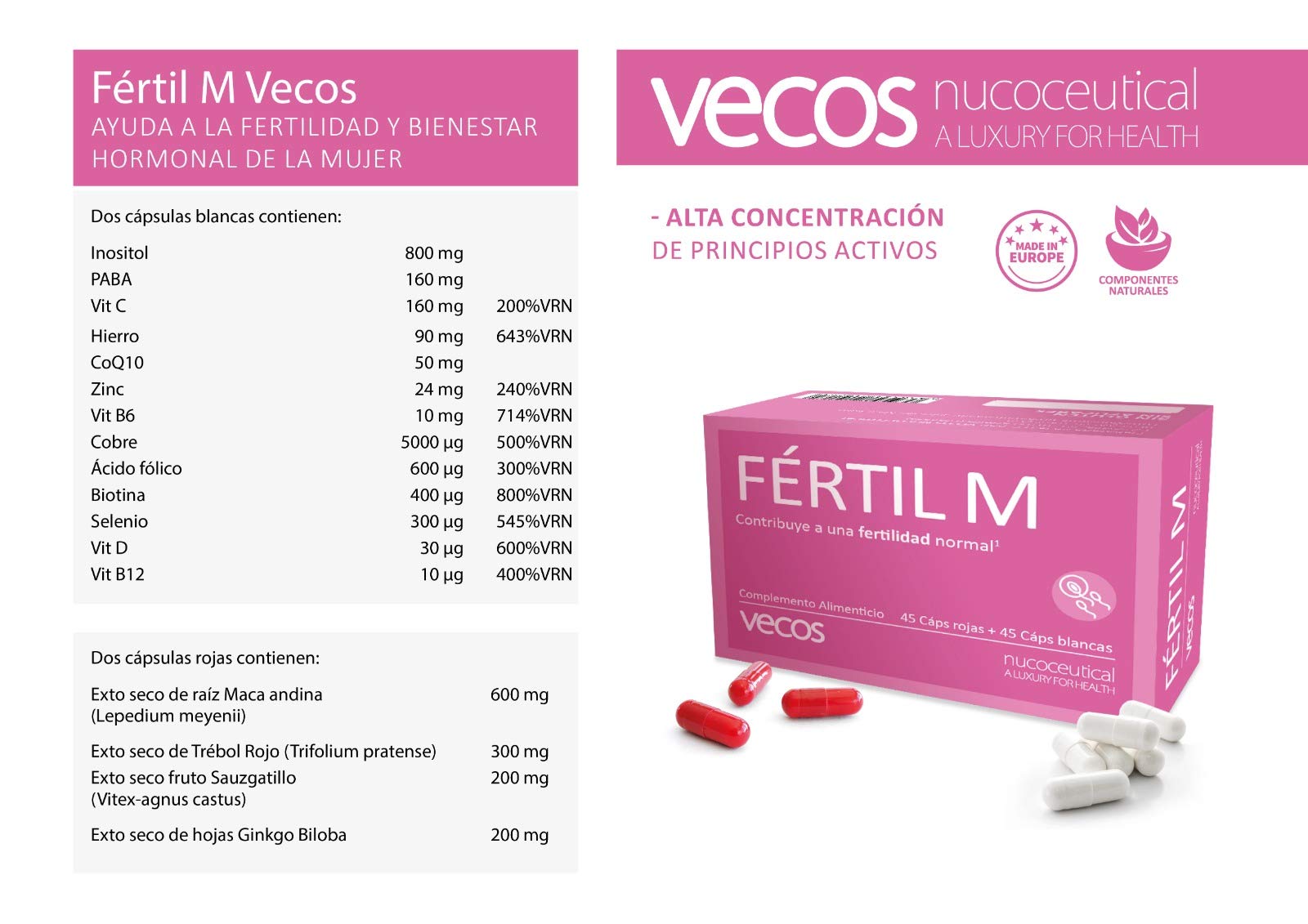 Fértil M Vecos para Ayudar a la Fertilidad de la Mujer | Suplemento Vitamínico con Inositol, Vitamina C y Ácido Fólico | Ayuda a la Concepción, Embarazo y Regular Actividad Hormonal