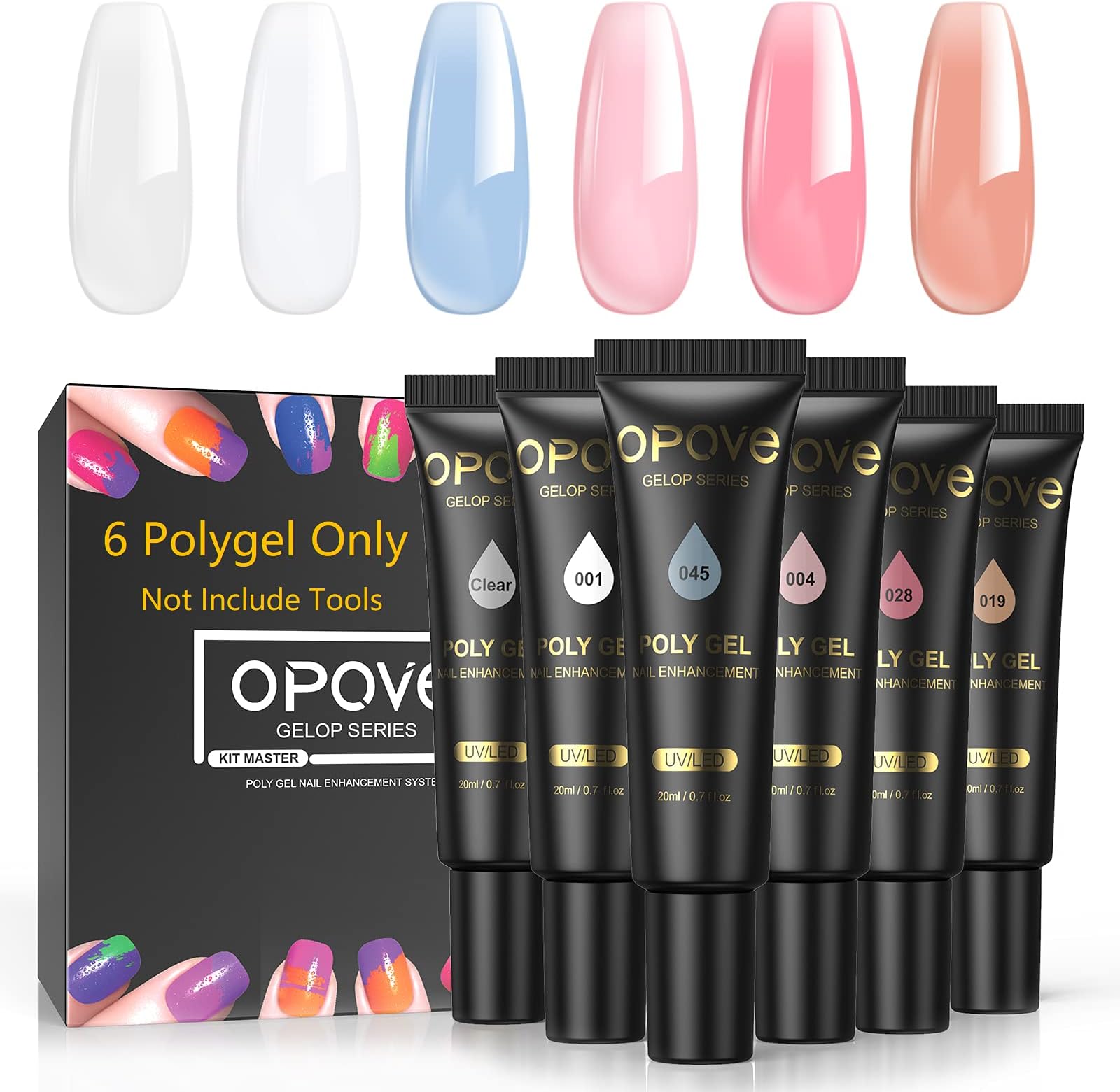 Polygel Nail Set, opove Poly Nail Gel Extension 6 Colors Kit, Builder Gel Nail Clear White Pink Blue Nude Set for French Nail Enhancement Manicure, 6 Pcs-20ML