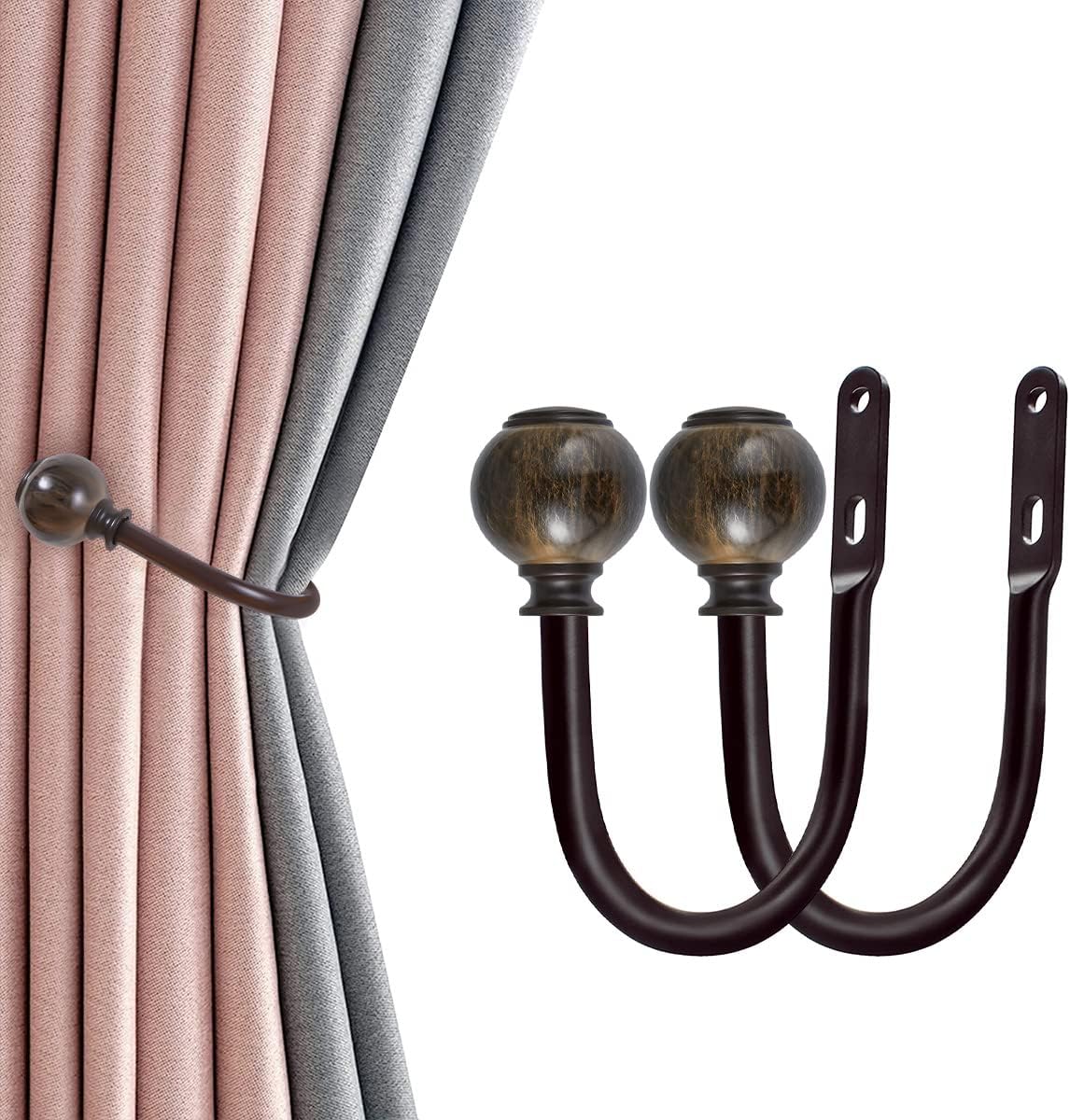 Oneach Set of 2 Curtain Holdbacks Metal Wall Mounted Curtain Holders Hook for Drapes with Decorative White Imitation Marble Resin Twisting Finials for Room Decor Brown…