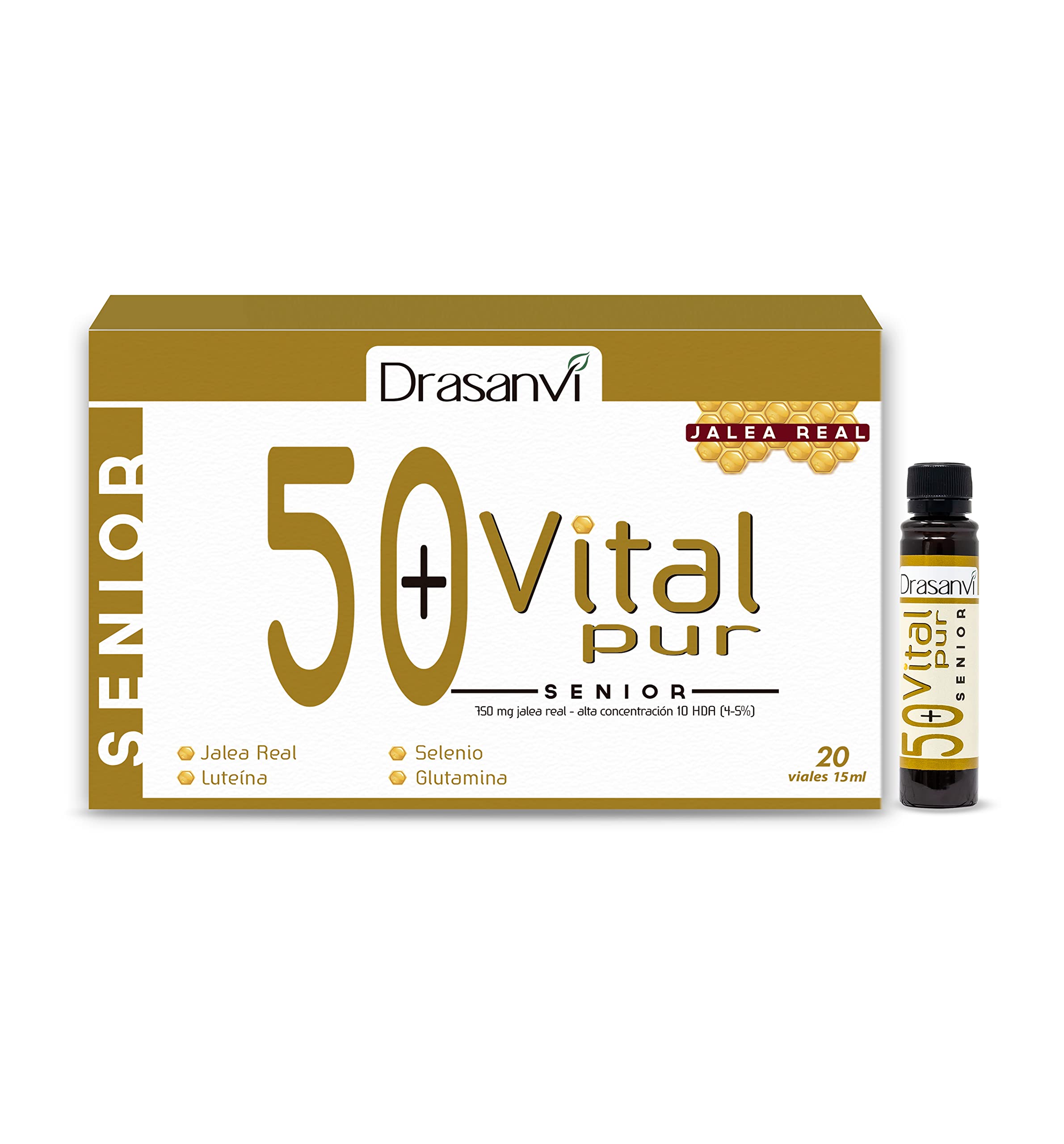 Drasanvi VITALPUR SENIOR Jalea Real 10 HDA 4-5 %| con Hierro, Magnesio, Selenio, Glutamina y Luteína| para el Cansancio y la Fatiga | 750 mg/día | con Stevia | 20 Viales = 20 Días | Sabor Naranja