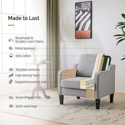 Miniatura 44 de VINGLI Silla decorativa moderna de mediados de siglo, sillas decorativas de tela beige para sala de estar, sillón tapizado, sofá con brazos