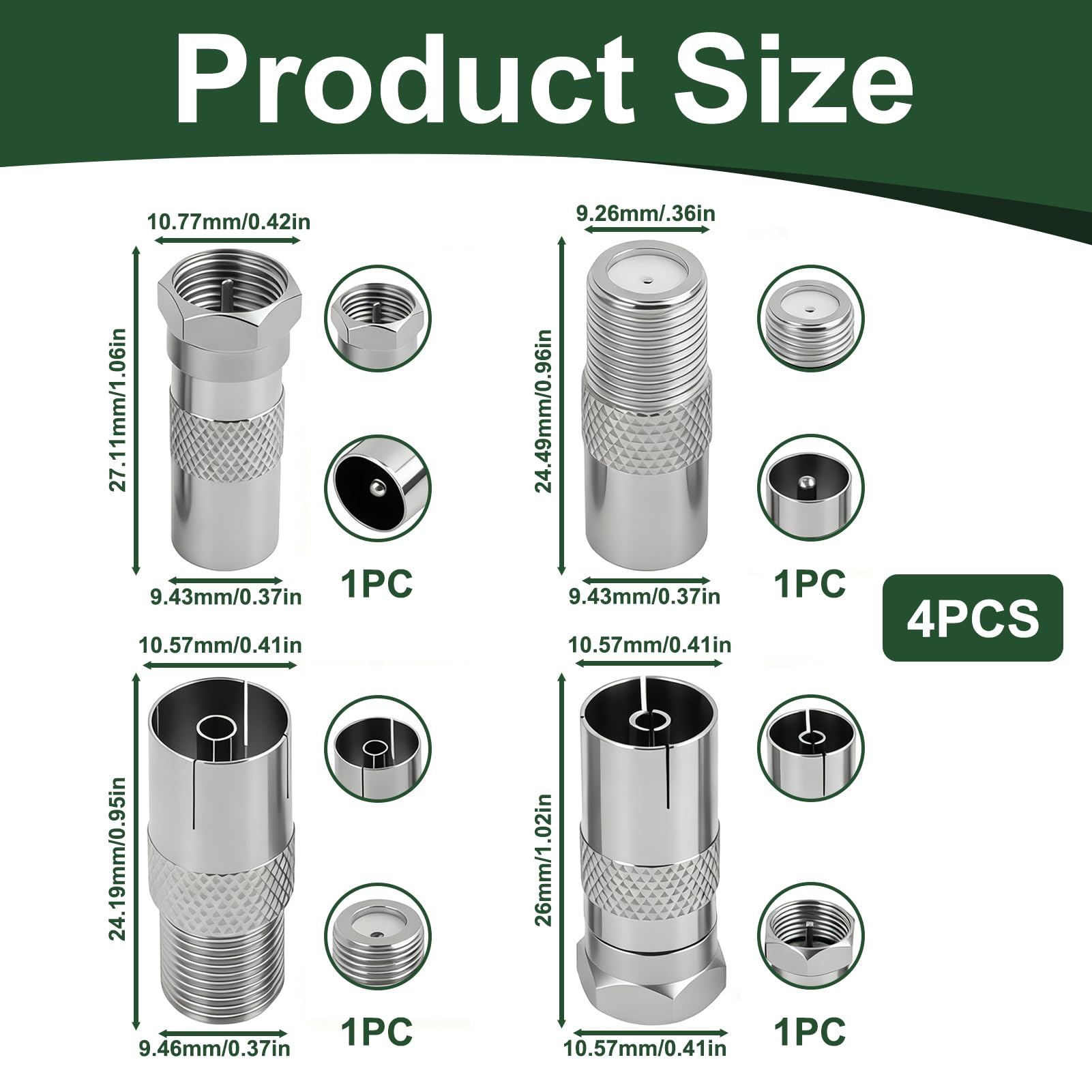 4 Pièces Adaptateur d’Antenne TV F Mâle vers Femelle, Adaptateur Coaxial TV, Connecteur Coaxial RF Nickelé pour Câble Satellite TNT Modem Routeur Récepteur, Raccord Antenne Murale Audio Vidéo