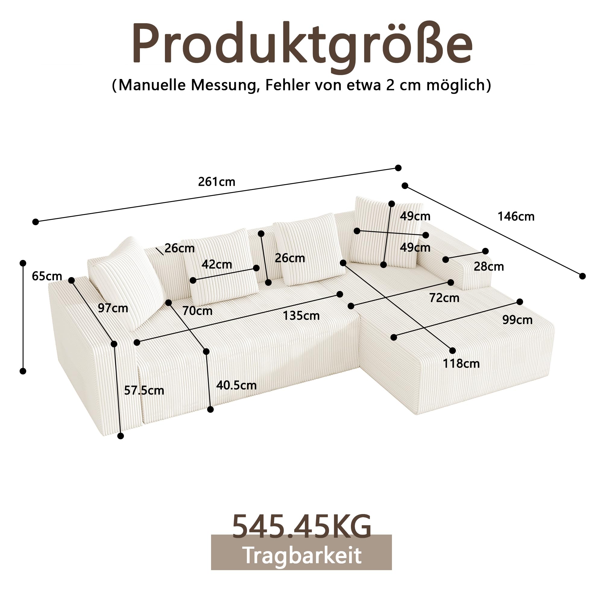 Sofá esquinero modular de 261 cm, sofá de 3 plazas comprimido con chaise longue profunda y 4 cojines, sofás combinados de espuma viscoelástica para sala de estar, apartamento, color blanco