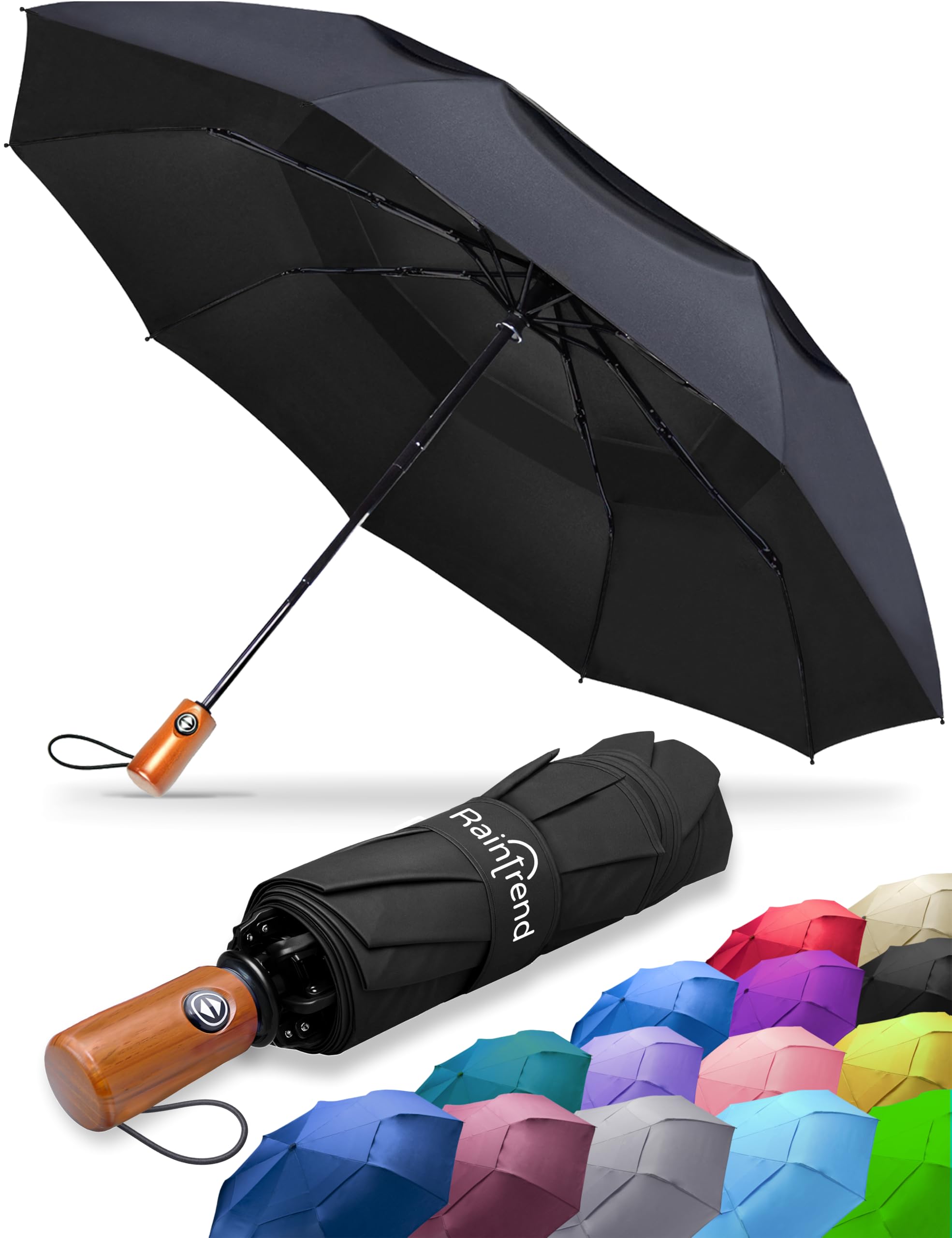 Raintrend Windproof Travel Umbrellas for Rain Automatic +10% Bigger Canopy Strong Frame Compact Folding Portable Umbrella for Women Men Backpack Purse