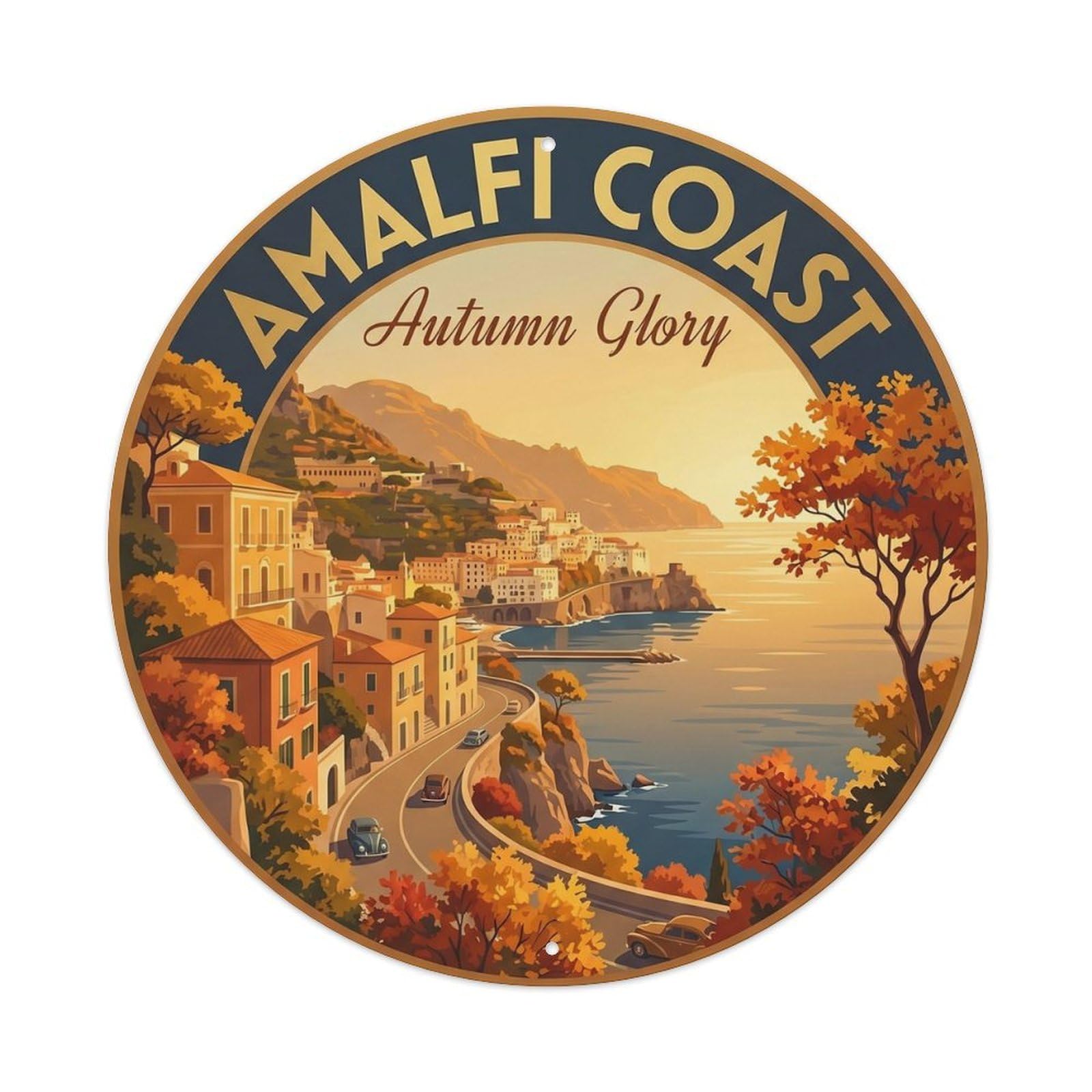Amalfi Coastal Destination Scenery Autumn Golden Landmark Metal Tin Sign Plaque Wall Decor for Cafe, Man Cave, Club Bar, Office, Home Garden Round Metal Poster 8x8Inch