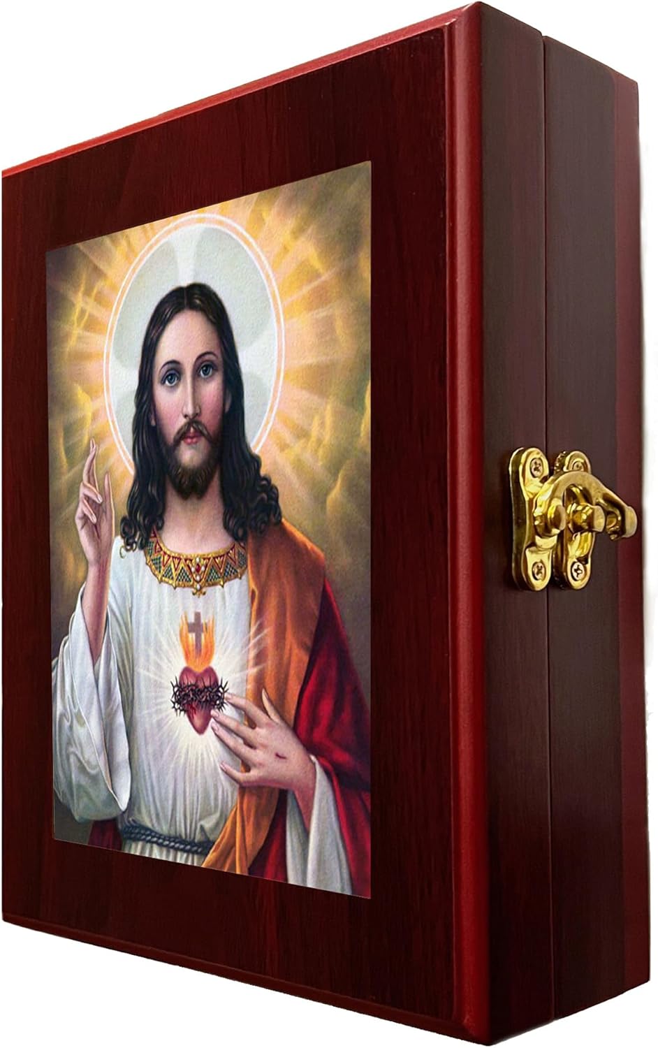 Needzo Sacred Heart of Jesus Wooden Icon Box, Wall or Table Box, Rosary Jewelry Prayer Bead Keepsake Box Catholic Gifts for Men Women 7 1/2 Inch