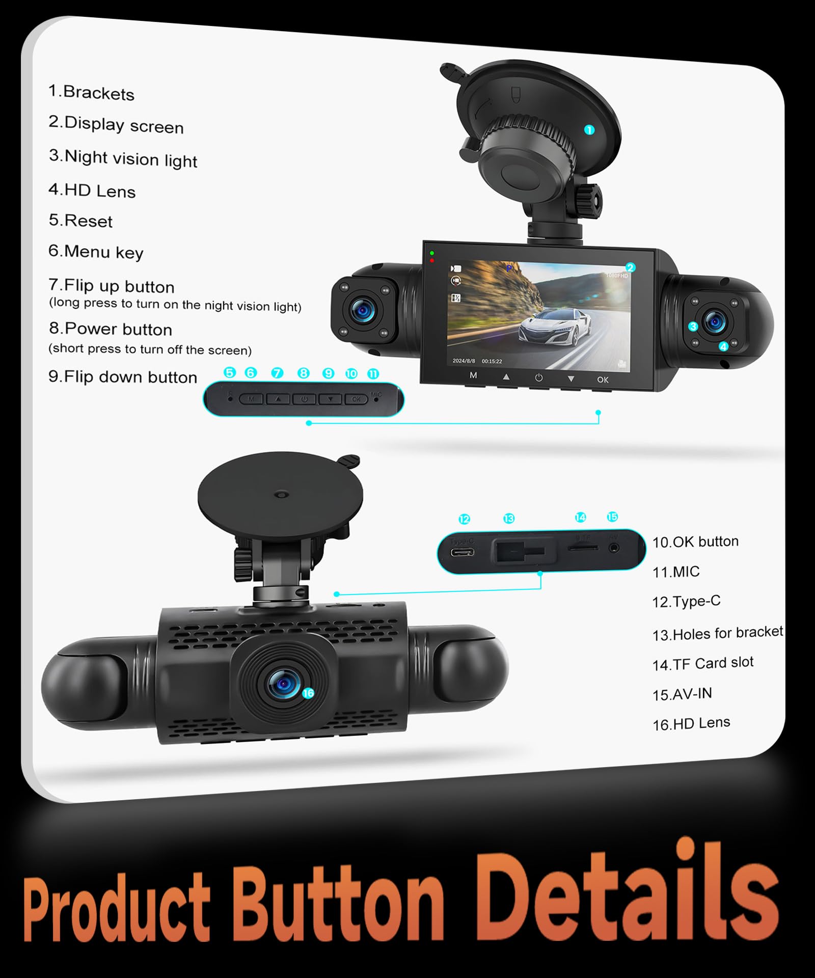 4 Canali Dashcam Auto 360°, 4 Telecamera HD 1080P Anteriore e Posteriore Sinistra Destra, 3 Pollici 1080P Dash Cam con 8 IR Visione Notturna/Loop video/24H Parcheggio Monitor/G-Sensore