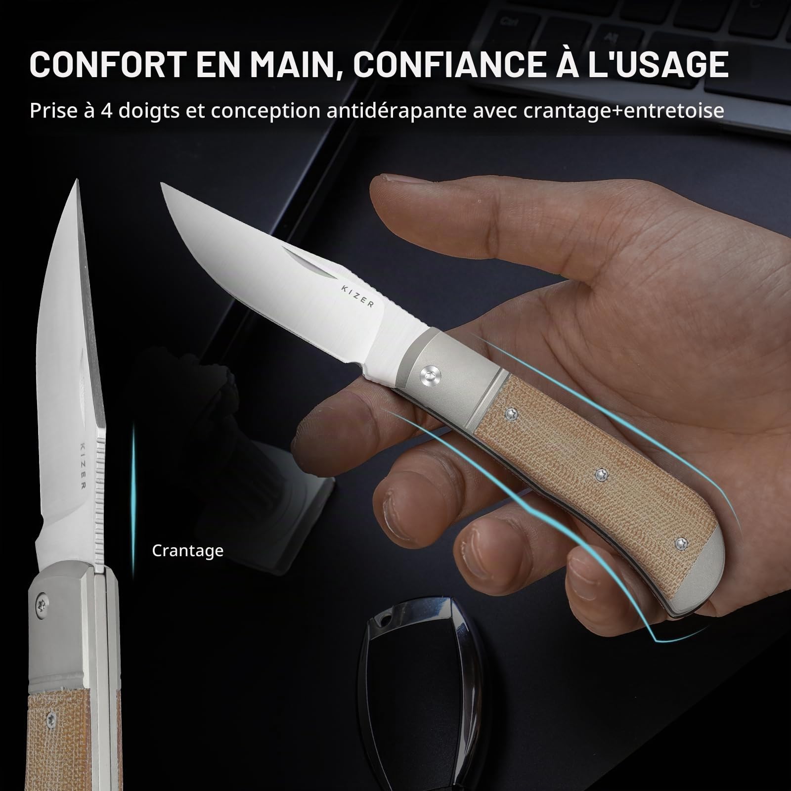 Kizer Trestle Couteau de Poche, Lame 7,35 CM 14C28N Couteau EDC Slip Joint avec Manche en Titane Argenté et Micarta Marron, Petits Couteaux Pliants avec Ouvre-Boîte, V3761A1