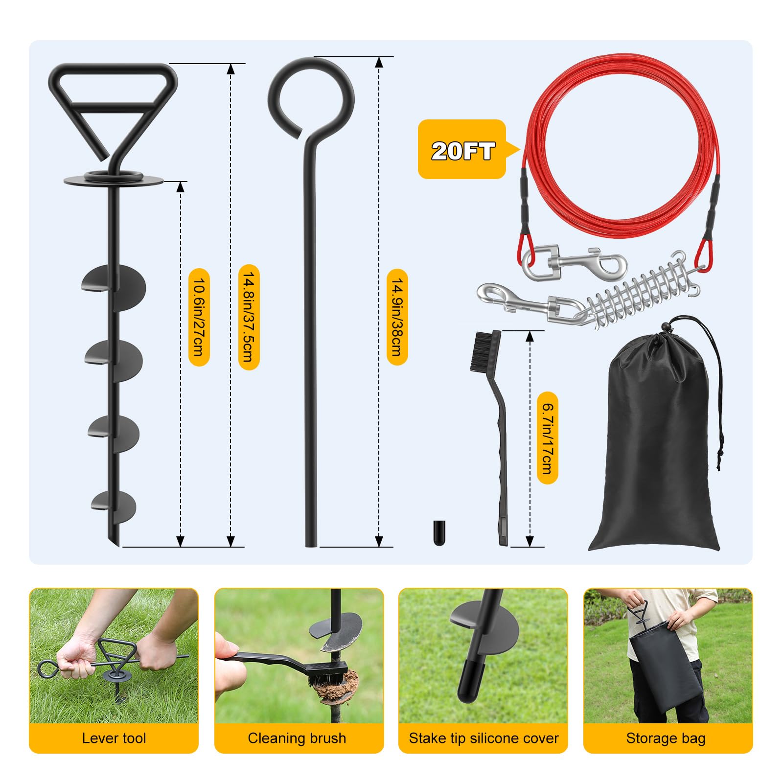 Piquet d'attache pour Chien avec Câble, Piquet Robuste avec pour Grands Chiens Jusqu'à 200 LB, Câble Attache Chien pour Chien de 20 Pieds à Rotation Gratuite à 360°, Noir