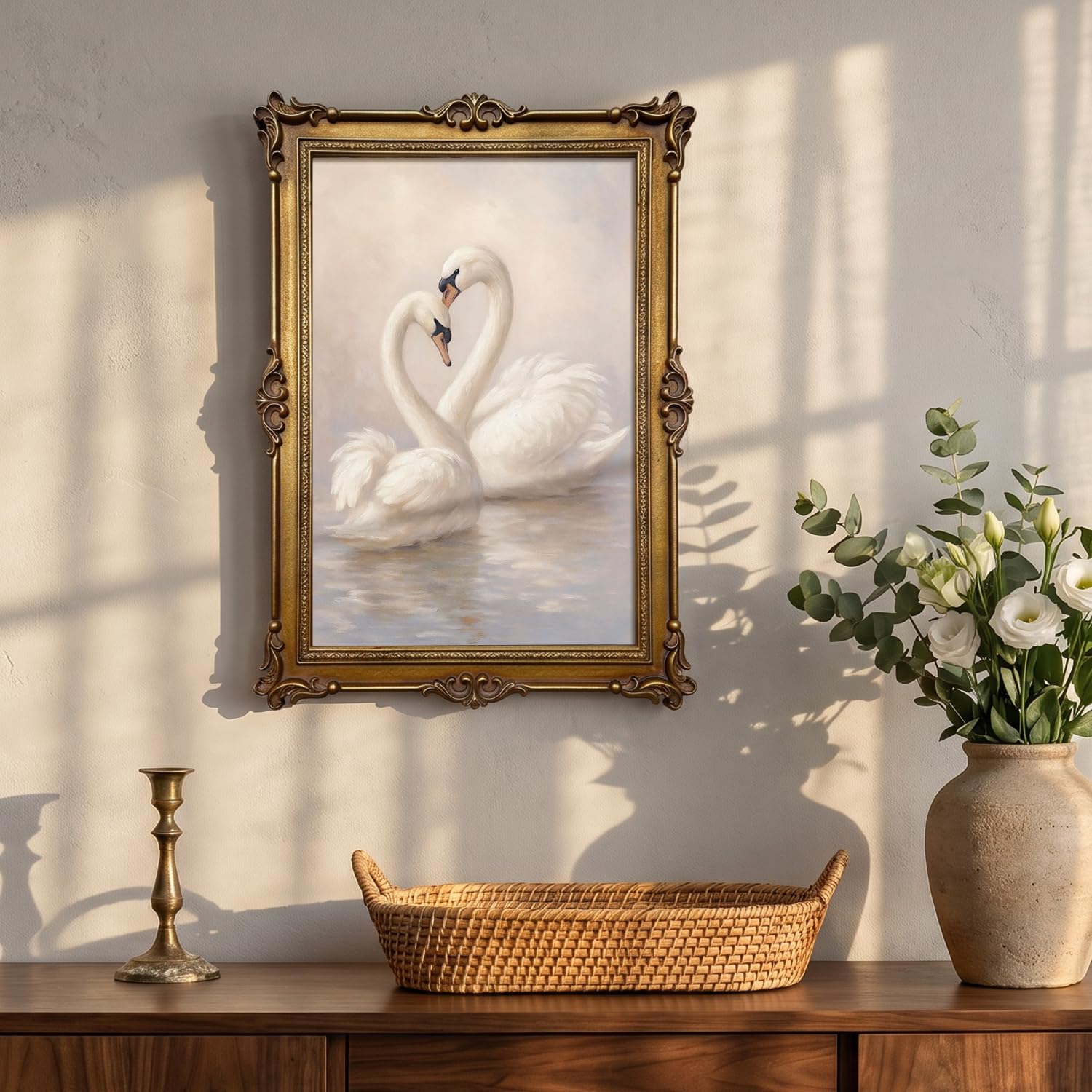 XIAOAIKA Vintage Schwan Wandbild, Antik Goldfarbener Ornamentrahmen mit Relief-Schnitzdetails, Romantischer Tier Leinwand Kunstdruck im Europäischen Barock Stil, 40 x 54,5 cm