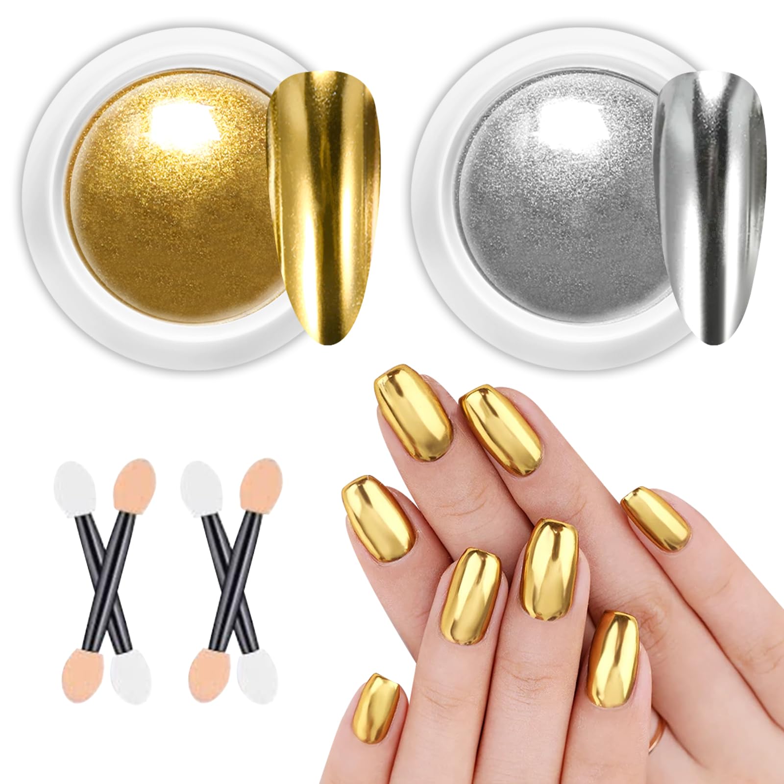 Gold Chrome Nail Powder BISHENGYF - Metallic Mirror Effect Nail Chrome Powders【2Jars Upgrade】Silver Chrome Powders for Nails Glitter, Pigment Holo Aurora Chrome Gold Nail Powder Nail Art Design Decor