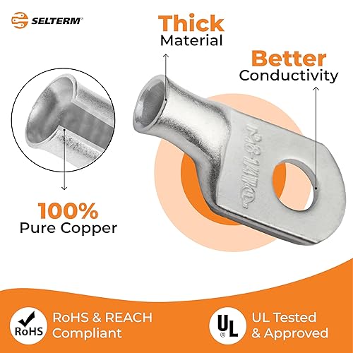 Miniatura 388 de SELTERM - Terminal en anillo de grado marino UL 2/0 AWG 3/8 pulgadas (25 uds) para batería, terminal tubular de cable eléctrico, conector calibre