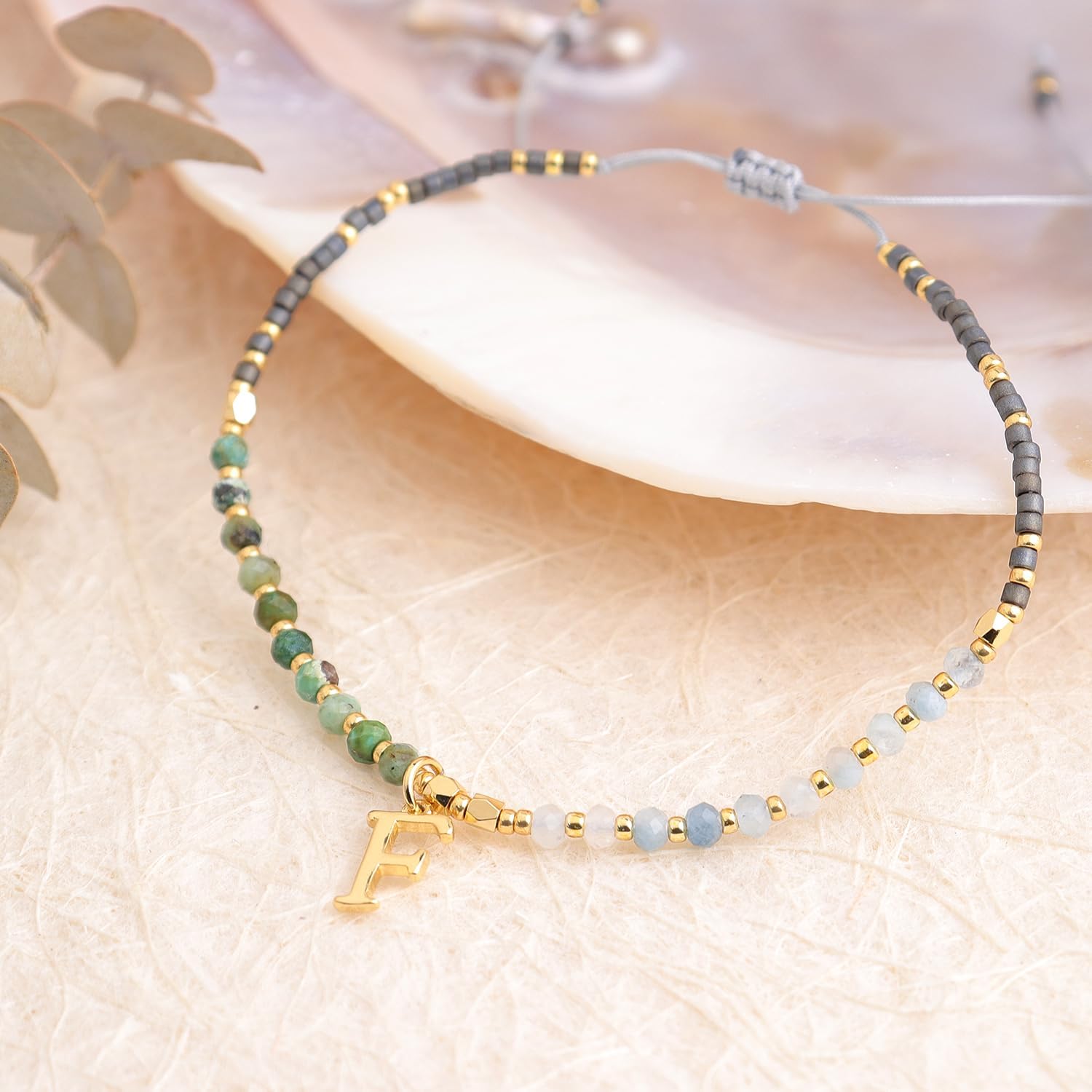 Gold Beaded Natural Stone Initial Bracelets for Women, Boho Handmade Grey Black Personalized Turquoise Gemstone Beads Letter Name Adjustable Bracelet Bohemian Jewelry Gift - Image 6