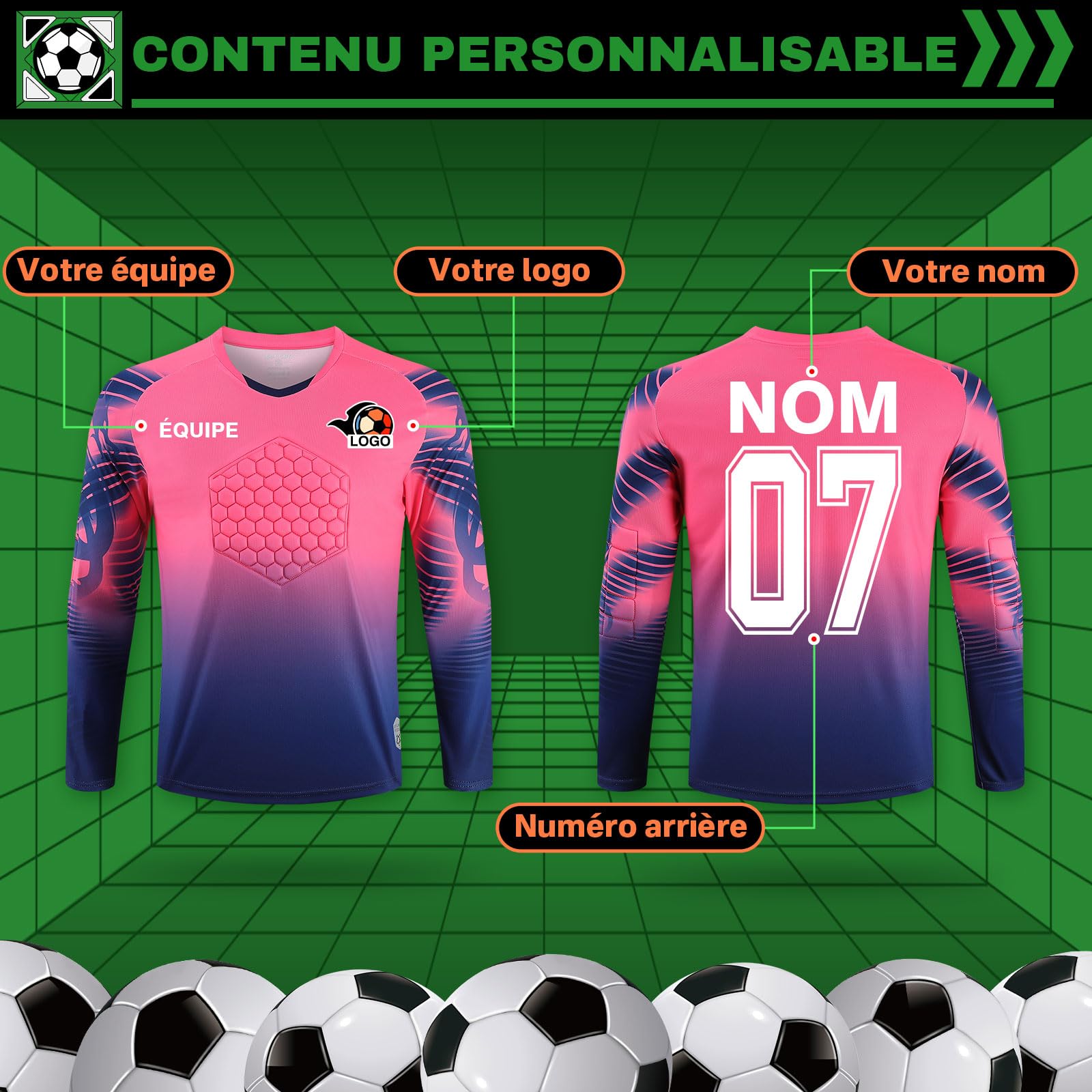 LAIFU Maillot de Gardien de But personnalisé, Nom personnalisé, Nom de l'équipe, Logo du numéro Maillot de Gardien de But
