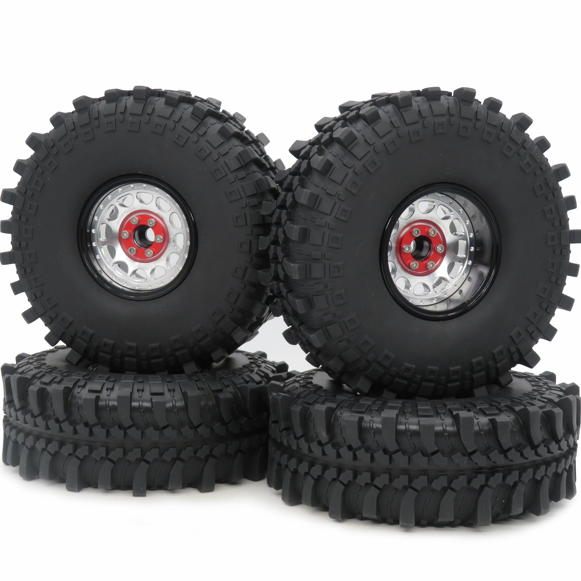 HOBBYSOUL 2.2 Tires Height 5.7'' / 145mm & Negative Offset 2.2 Beadlock Wheels Rims Black Silver, Adjustable Offsets 2.2 Wheels and Tires for RC Mud Rock Crawler Axial Capra Ryft,(4-Pack, Assembled)