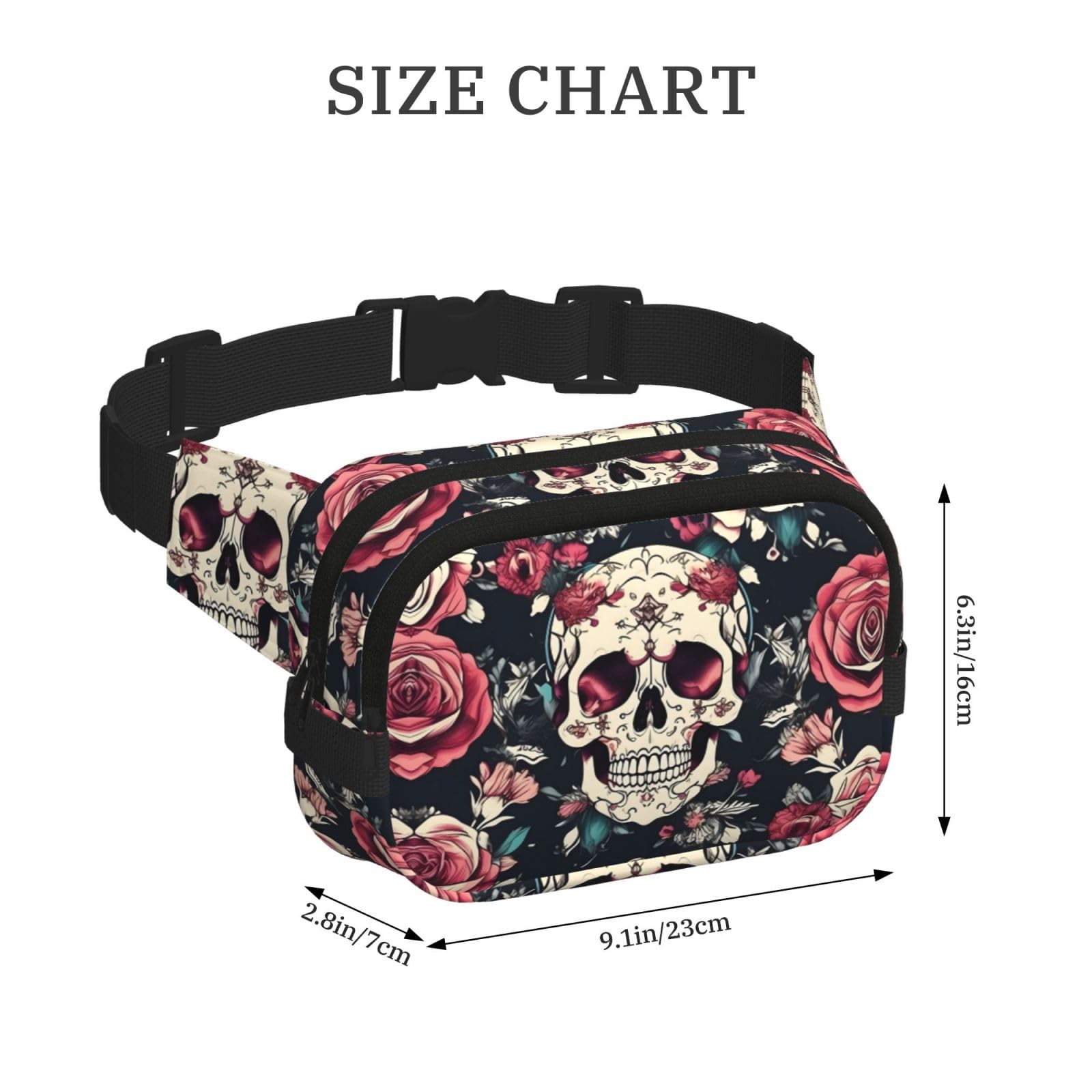 Kwiaty, czaszka, ozdobny, zamek błyskawiczny, saszetka, torby crossbody z regulowanym paskiem do joggingu, jazdy na rowerze, Czarny, Jeden rozmiar