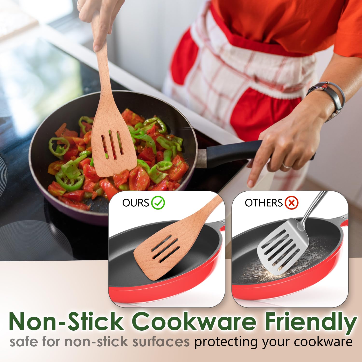 Kitchen - Juego de utensilios de cocina de madera de haya de 8 piezas, cucharas de cocina de madera con espátula, skimmer, cuchara de pasta y volteador, herramientas de cocina de madera duraderas