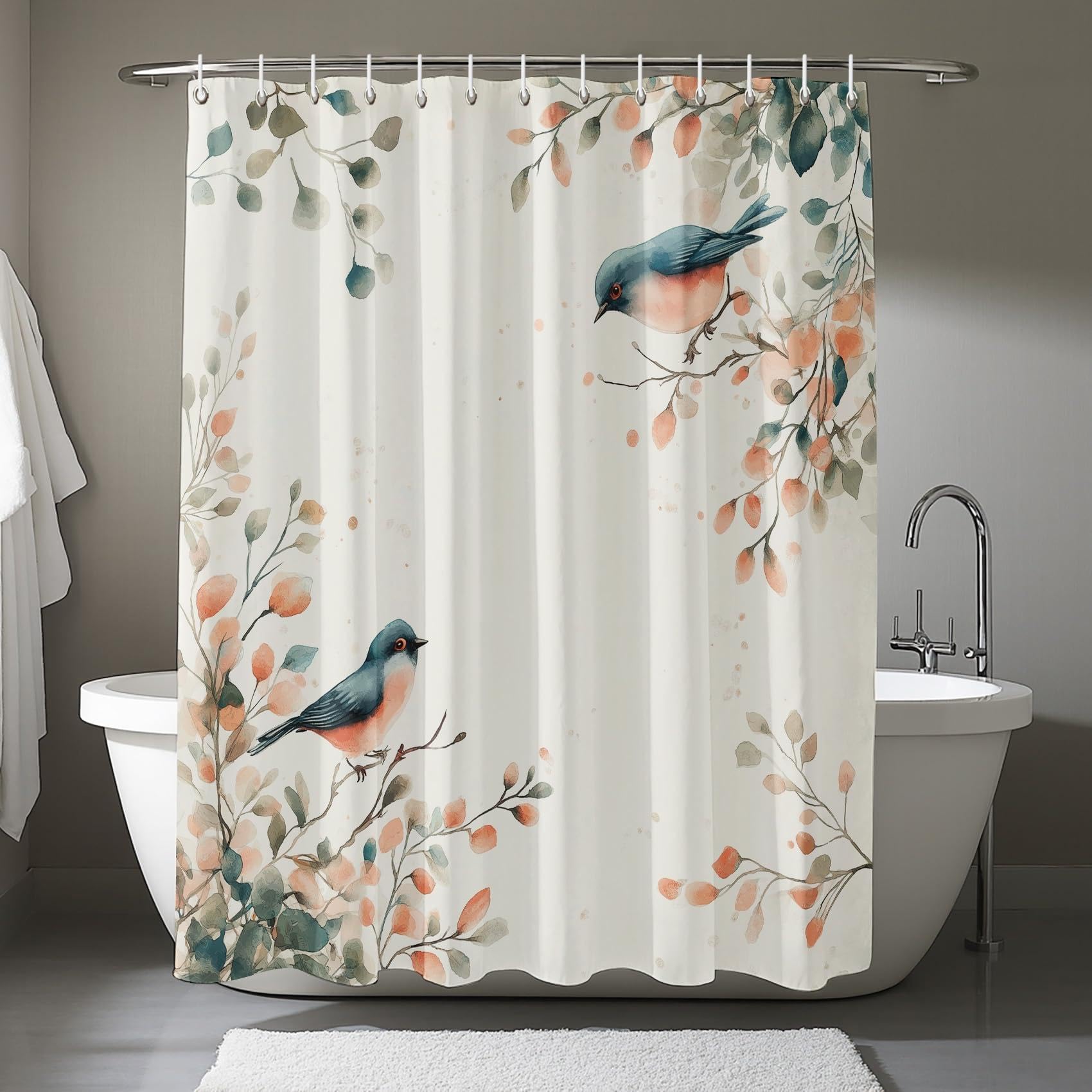 UIYIUI Floral Bird Shower Curtain 79x96in（200x243cm） Eucalyptus Leaf Asian Oriental Spring Plant Flowers Bath Curtain, Rustic Country Farmhouse Botanical Animal Shower Bathtub Curtains with Hooks
