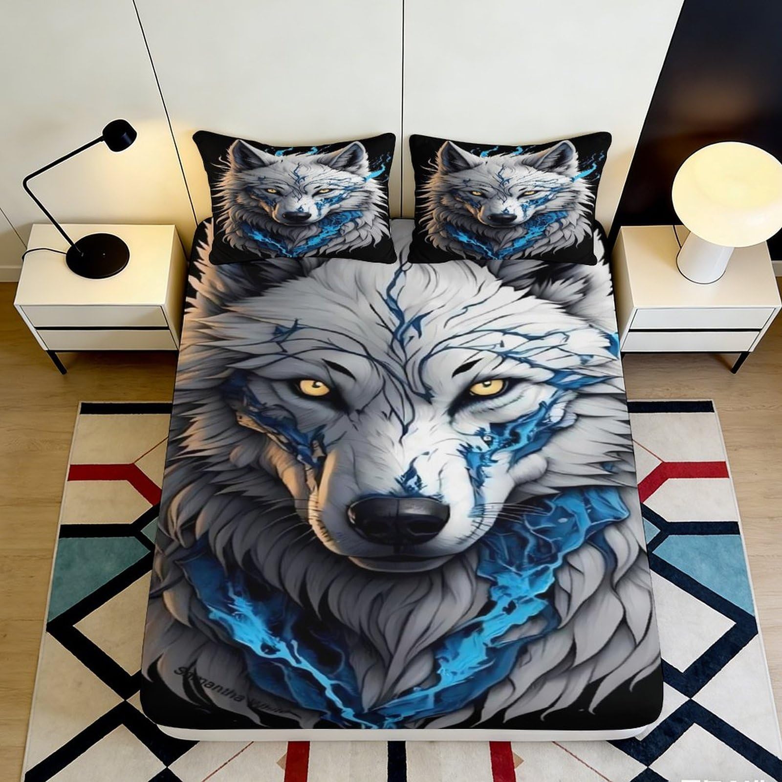 3D Printed Blue Lightning Wolf Fitted Sheet Microfiber Bed Cover for Bedroom Dorm Mattress Protection Decor 90x200x25cm