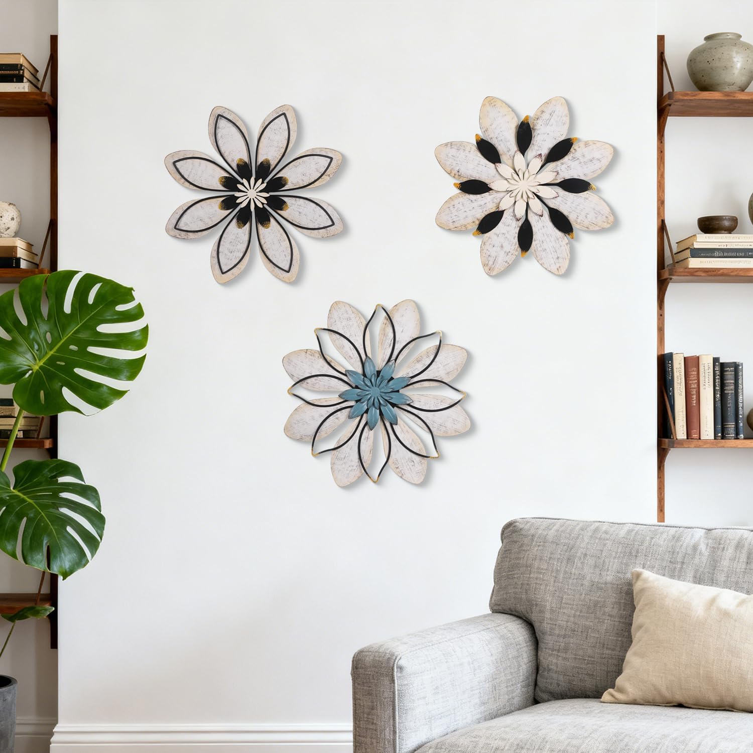 3 Pieces Metal Flower Wall Art, Flower Art Wall Decor, 3d Design Floral Wall Art, Rustic Wall Decor, Farmhouse Wall Decor Multiple Floral Hanging Decor for Bathroom Living Room Bedroom, Housewarming Gifts