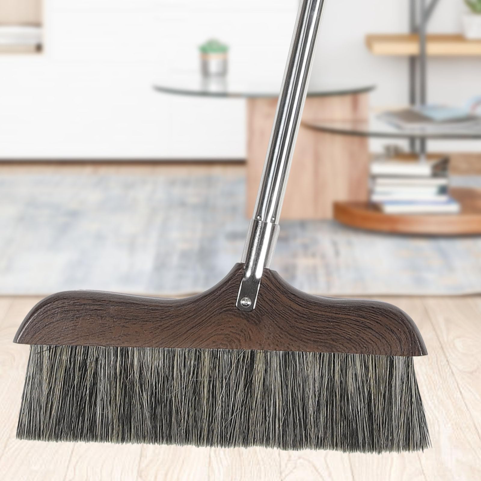 Escoba Mango Cerdas de Limpieza de Madera Largo para Suelo | Negro, Cerdas Biseladas y Lado Plano, Acero Inoxidable y Plástico, Orificio para Colgar