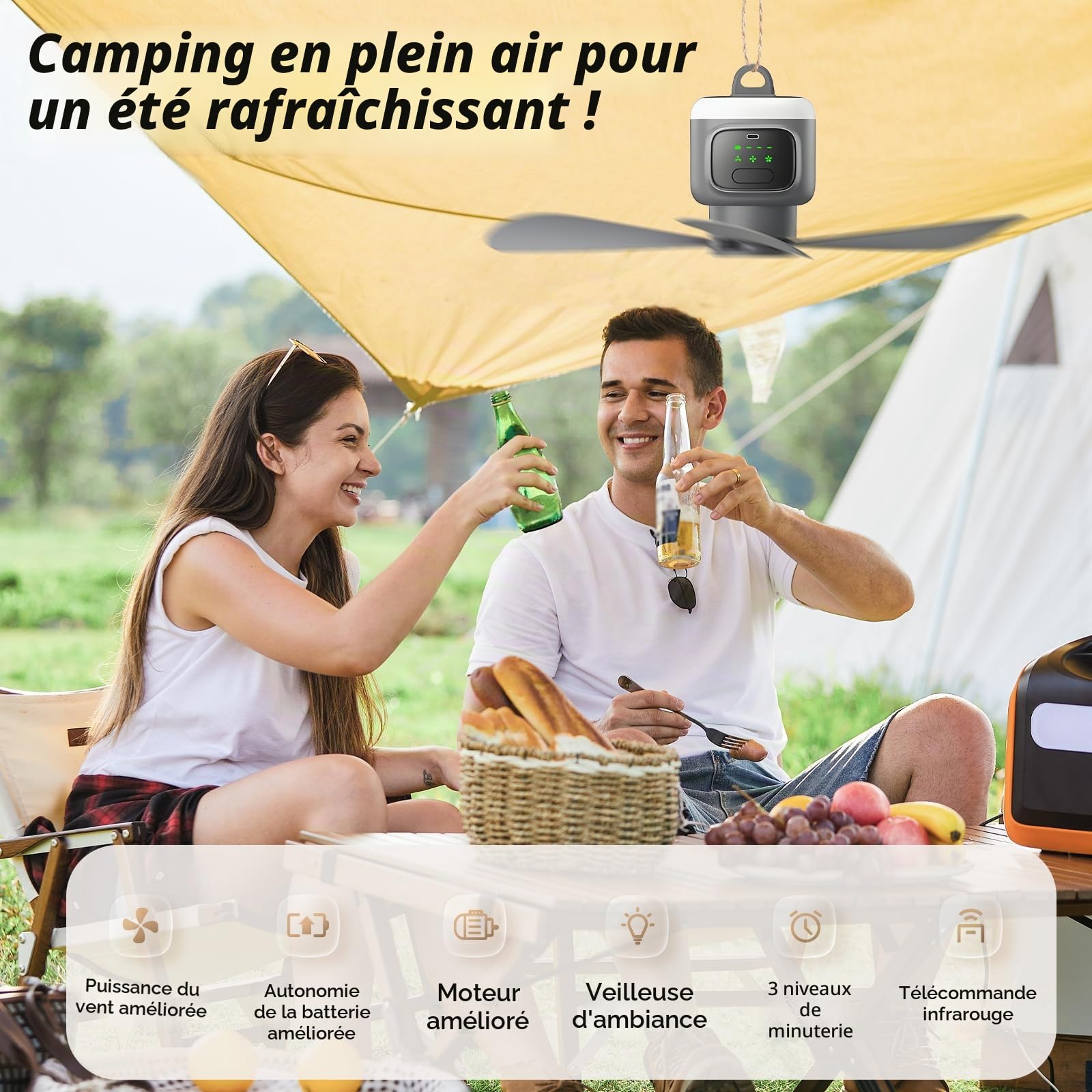 Ventilateur de plafond à batterie de 45 cm, rechargeable, 12 000 mAh, avec télécommande et lumière LED, 4 niveaux, silencieux, avec minuterie de 2/4/8 heures, ventilateur de camping portable pour