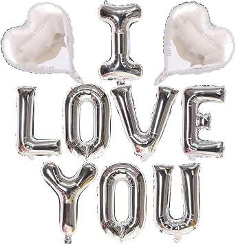 16 Inch Silver I Love You Letter Balloons, 18 Inch Mylar Heart Balloons Valentines Day Balloon for Wedding Anniversary Engagement Valentine Day Romantic Decorations Special Night Party Supplies