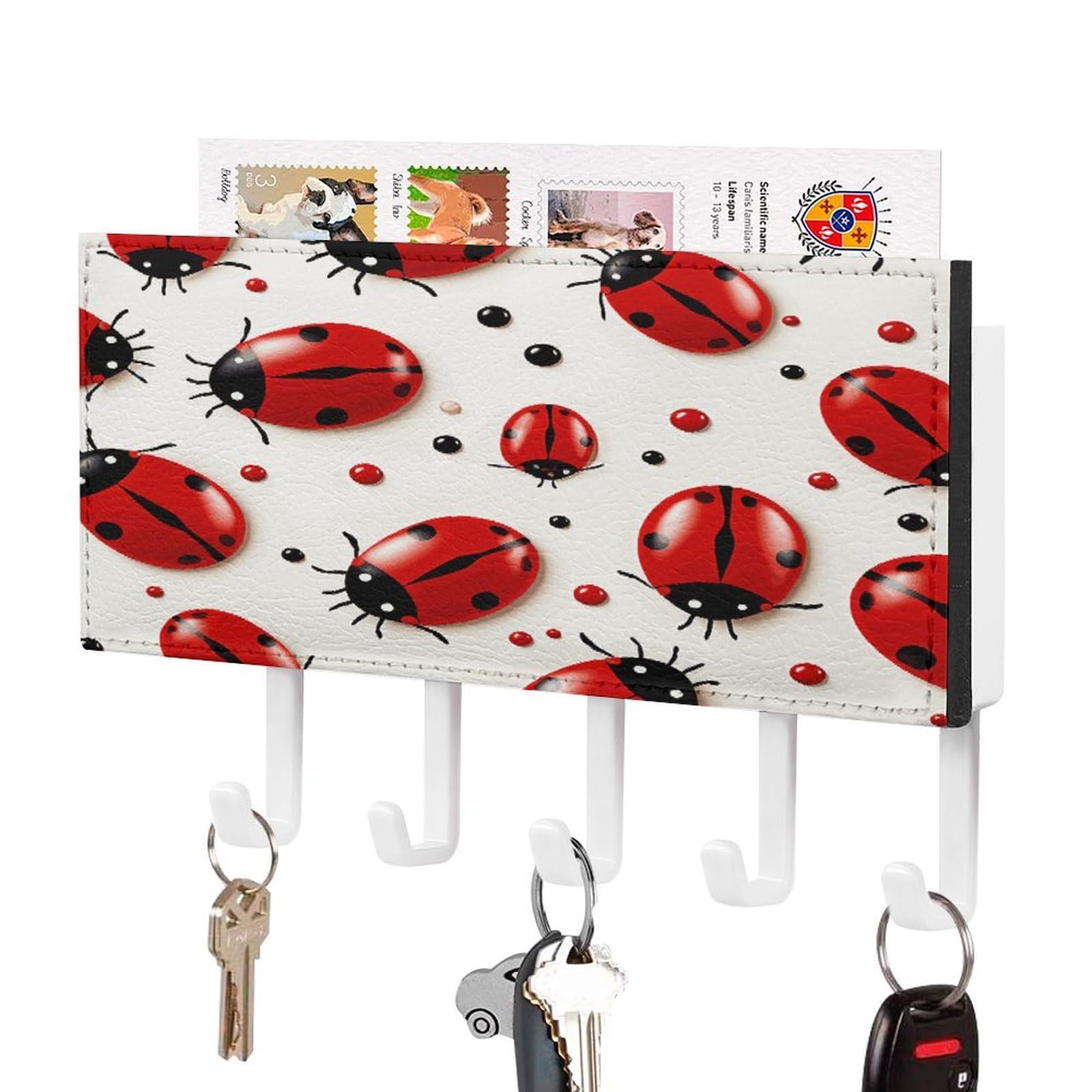 FekiLoot Red Ladybug Key Holder for Wall Decorative Mail Organizer with 5 Key Hook Self Adhesive Key Rack with Tray Coat Rack Wall Mount Key Hanger Decor for Entryway Door