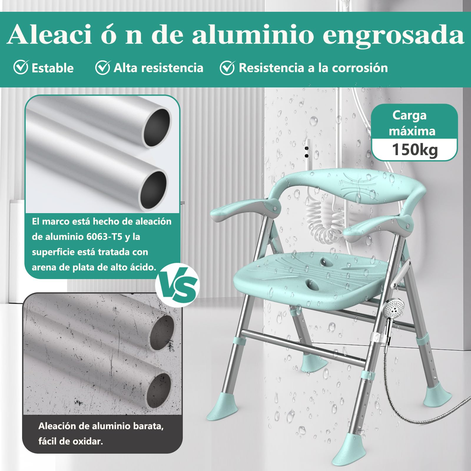 Doblar Silla para Ducha,Silla Ducha Personas Mayores,Capacidad MáXima de Carga 150 Kg,Apoyabrazos Plegables,Taburete BañO Ajustable en Altura de 5 Niveles (Verde, Asientos Planos)