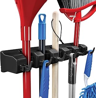 UB Unity Brand Mop and Broom Holder Wall Mount, Heavy Duty Broom Holder Wall Mounted or Tool Organizer For Home Garden Garage And Storage (5 Positions with 6 Hooks) (Black) Plastic (Mop Holder)