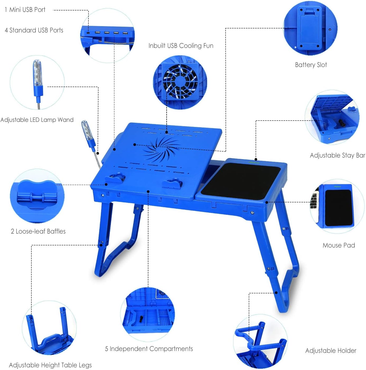 Laptop Bed Stand, Adjustable Laptop Table with Cooling Fan, Foldable Laptop Desk for Bed with USB Hub, LED Light & Storage, Mouse Pad, Computer Tray for Bed, Sofa, Home, Office (Blue)