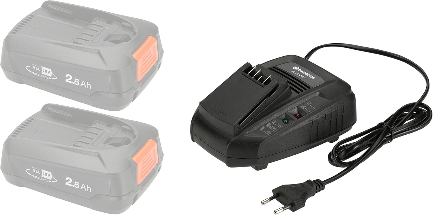 Gardena AL 1830 HP Fast Charger: Suitable for All Power for All 18 V Batteries, Battery Charge time 2.5 Ah 60 Minutes, LED Status Indicator for Battery Level (14901-20)