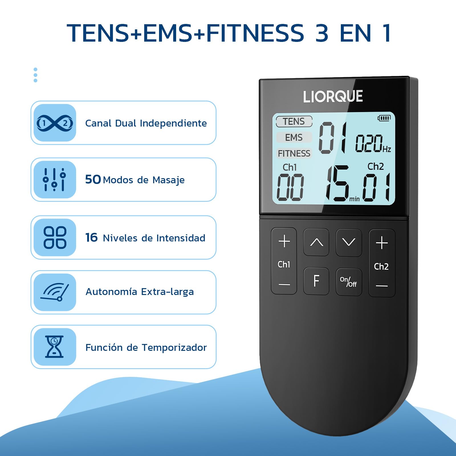 LIORQUE Electroestimulador Muscular, Electroestimulador TENS/EMS/FITNESS 3 en 1, 50 Modos, 10 Piezas de Electrodos TENS, 16 Niveles de Intensidad Para el Alivio del Dolor (Negro)