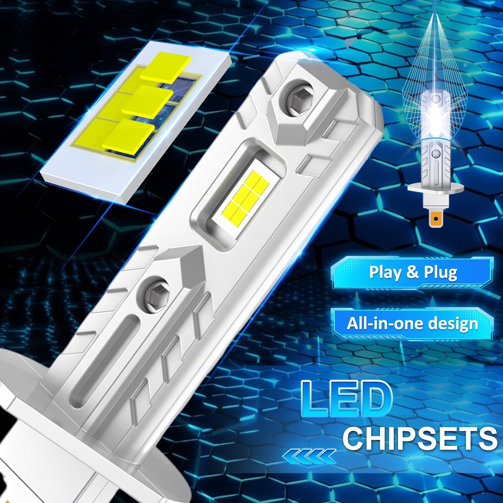 D-Lumina H7+H1 LED Żarówka Canbus 100W 16000LM 6500K Zimna Biel 400% Jasności 1:1 Mini Rozmiar, Zamiennik Halogenowy, Plug and Play, 4 sztuki
