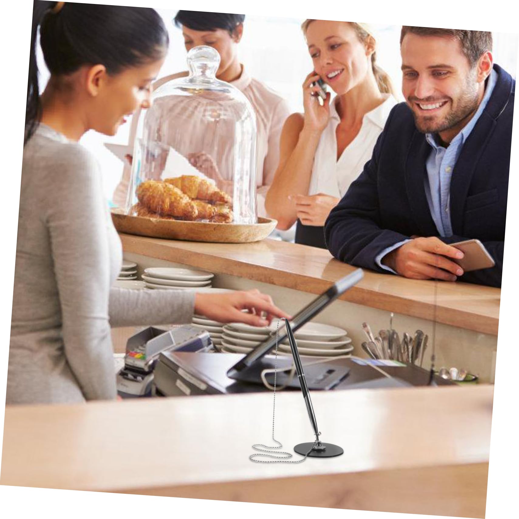Stylo De Signature Avec ChaîNe Et Base Rotative Stylo Bureau MéTal Argenté Avec 10 Recharges Pour Usage Quotidien Bureau Ou Banque