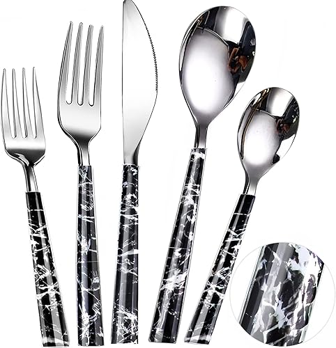 Juego de 4 cubiertos de acero inoxidable, 20 piezas, cubiertos modernos de mármol negro pulido para el hogar, restaurante, incluye cucharas,