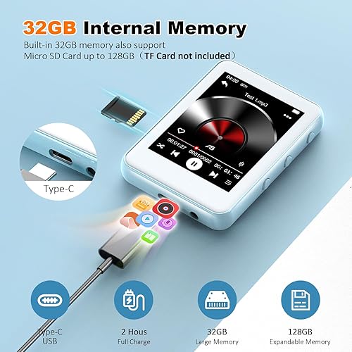 Miniatura 3 de Reproductor MP3 azul claro con Bluetooth 5.3, pantalla táctil de 32 GB, reproductor de música portátil, altavoz integrado, radio FM, grabadora de