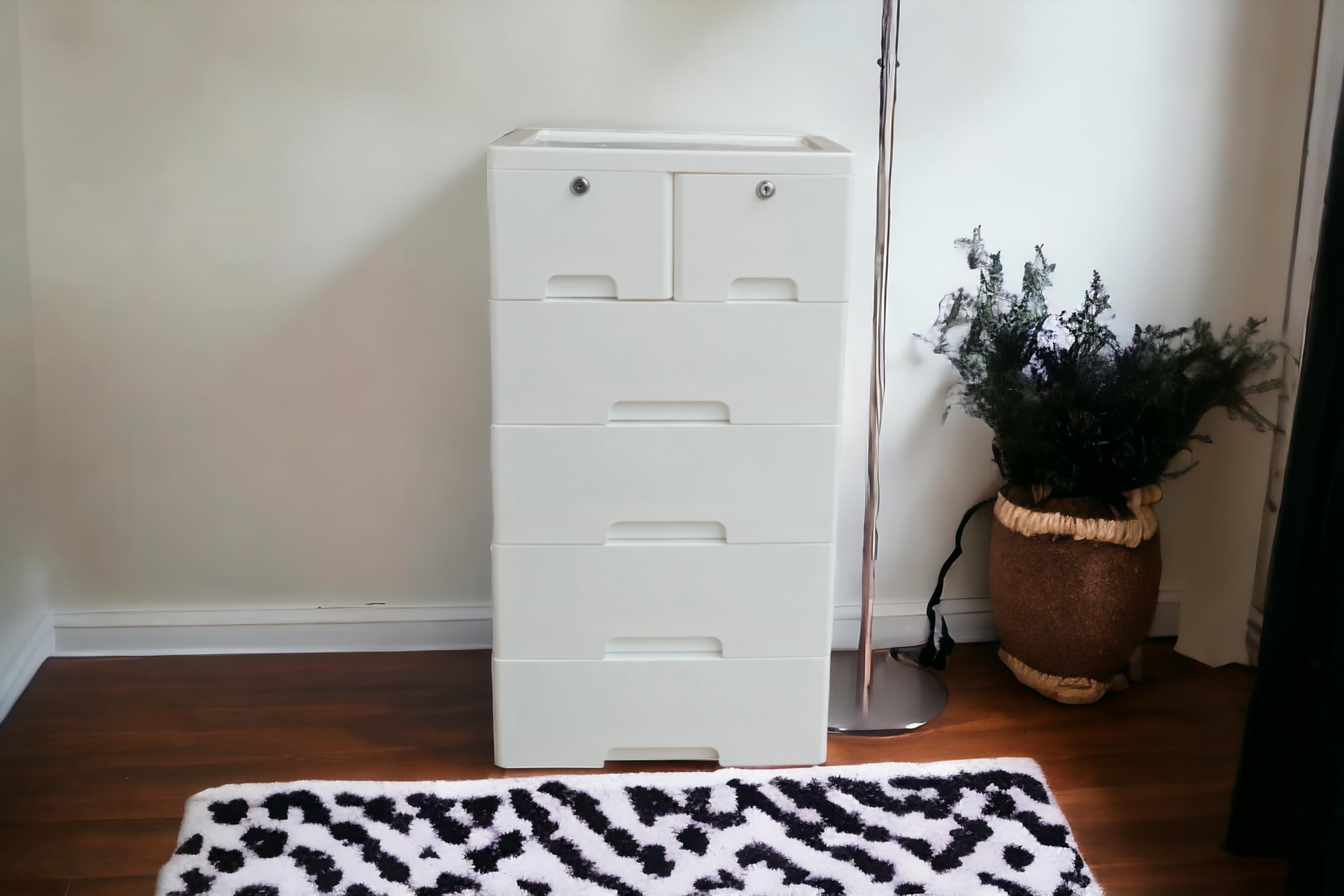 The Tickle Toe 6-Drawer Glossy Plastic Chest for Kids | White Storage Organizer with Locks | Portable Child-Safe Cabinet for Clothes & Toys | 44L x 28.5W x 82H cm | Made in India