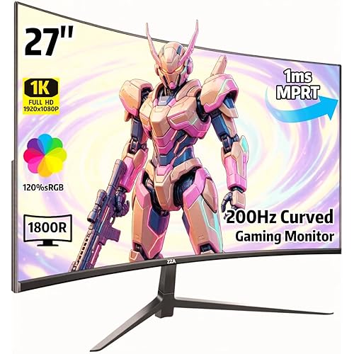 ZZA 27 Inch Curved Gaming Monitor 200Hz, Full HD 1080P VA Panel Computer Monitor, 1ms Response Time, FreeSync, HDMI & DP Port, HDR, Frameless, VESA Mountable