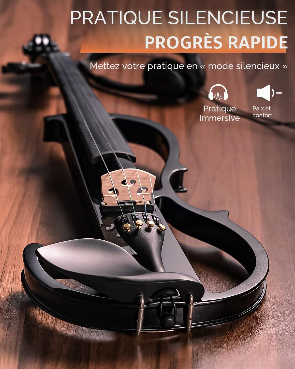 Vangoa Violon Électronique 4/4 Pleine Grandeur Silencieux Bois d'Érable Massif Noir