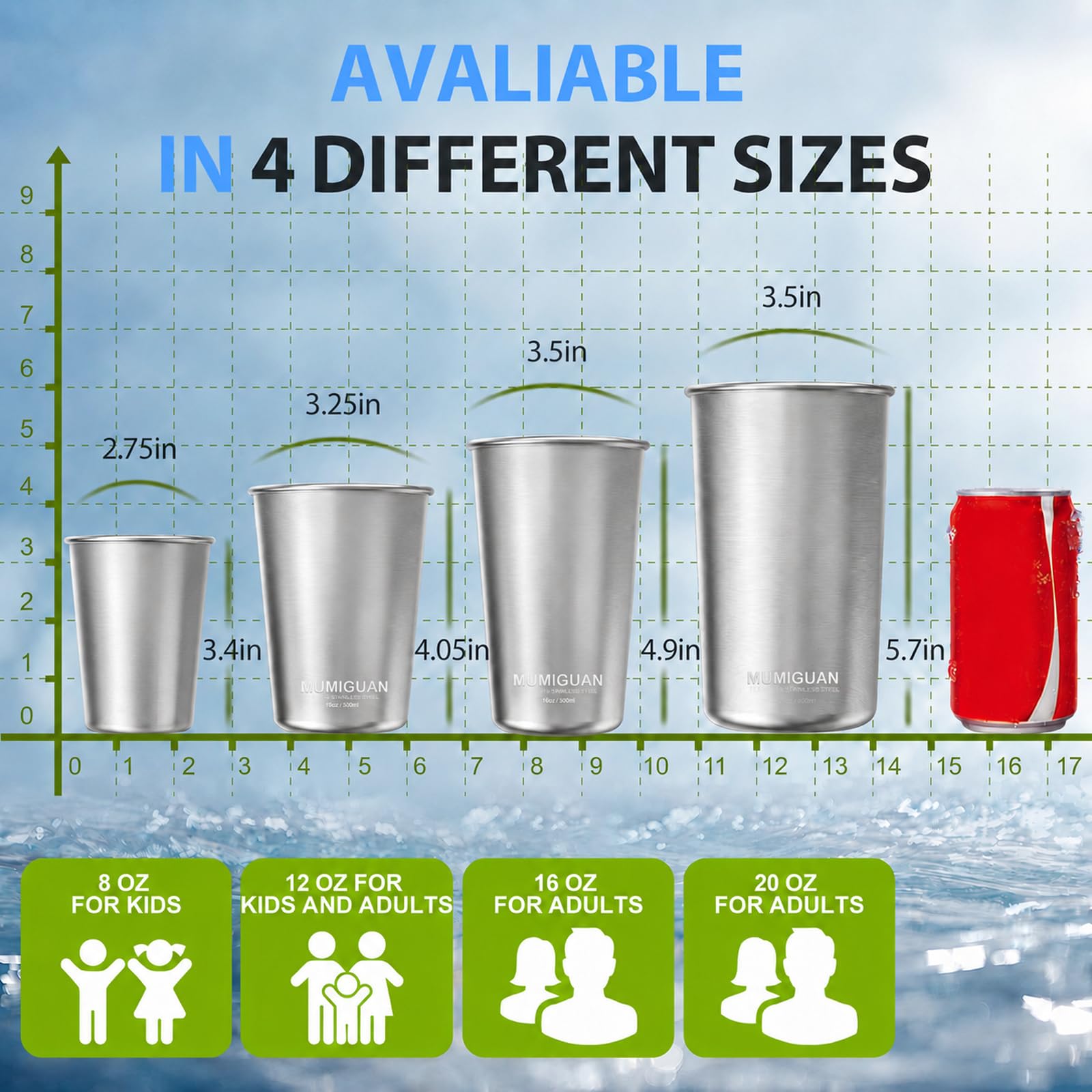 Vasos de acero inoxidable para niños de 350 ml (paquete de 6)